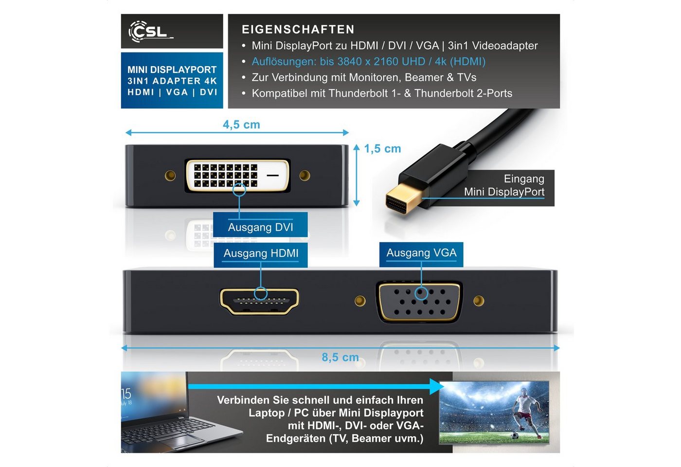 CSL 4k 3in1 Displayport 1.2 Adapter, Konverter Kabel 3840x2160 UHD 2160p Audio- & Video-Adapter Mini DisplayPort zu VGA, DVI, HDMI, 15 cm, Mini DP kompatibel mi – Bild 2 von 5