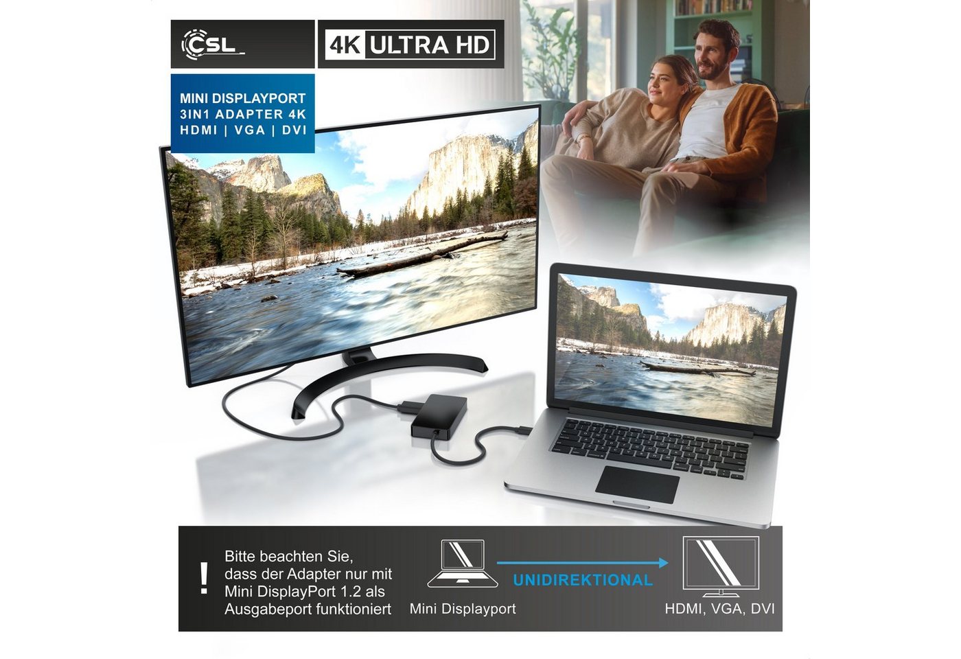 CSL 4k 3in1 Displayport 1.2 Adapter, Konverter Kabel 3840x2160 UHD 2160p Audio- & Video-Adapter Mini DisplayPort zu VGA, DVI, HDMI, 15 cm, Mini DP kompatibel mi – Bild 3 von 5