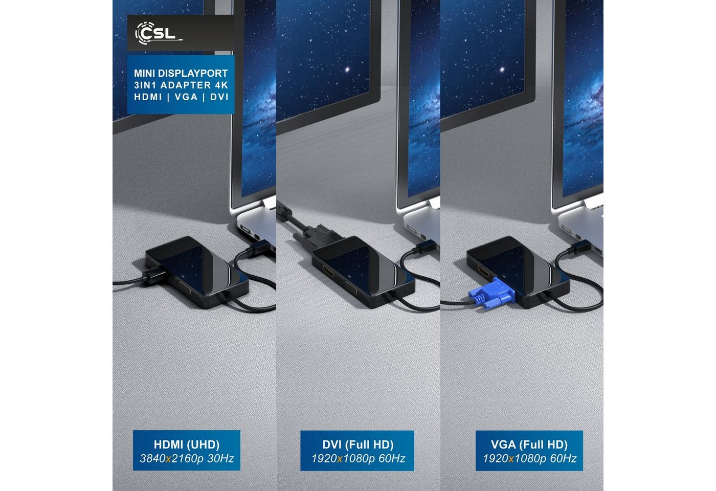 CSL 4k 3in1 Displayport 1.2 Adapter, Konverter Kabel 3840x2160 UHD 2160p Audio- & Video-Adapter Mini DisplayPort zu VGA, DVI, HDMI, 15 cm, Mini DP kompatibel mi – Bild 4 von 5