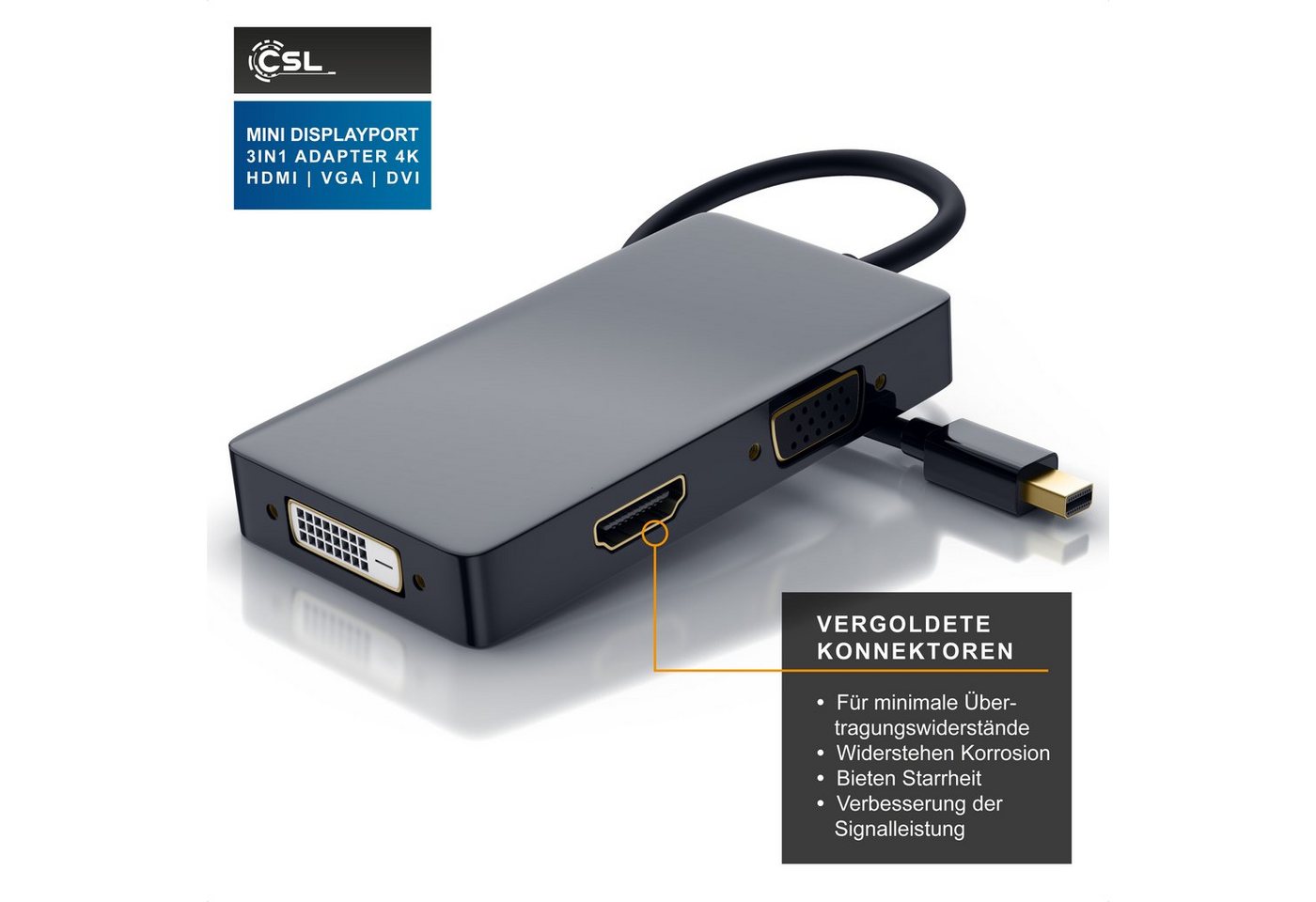 CSL 4k 3in1 Displayport 1.2 Adapter, Konverter Kabel 3840x2160 UHD 2160p Audio- & Video-Adapter Mini DisplayPort zu VGA, DVI, HDMI, 15 cm, Mini DP kompatibel mi – Bild 5 von 5