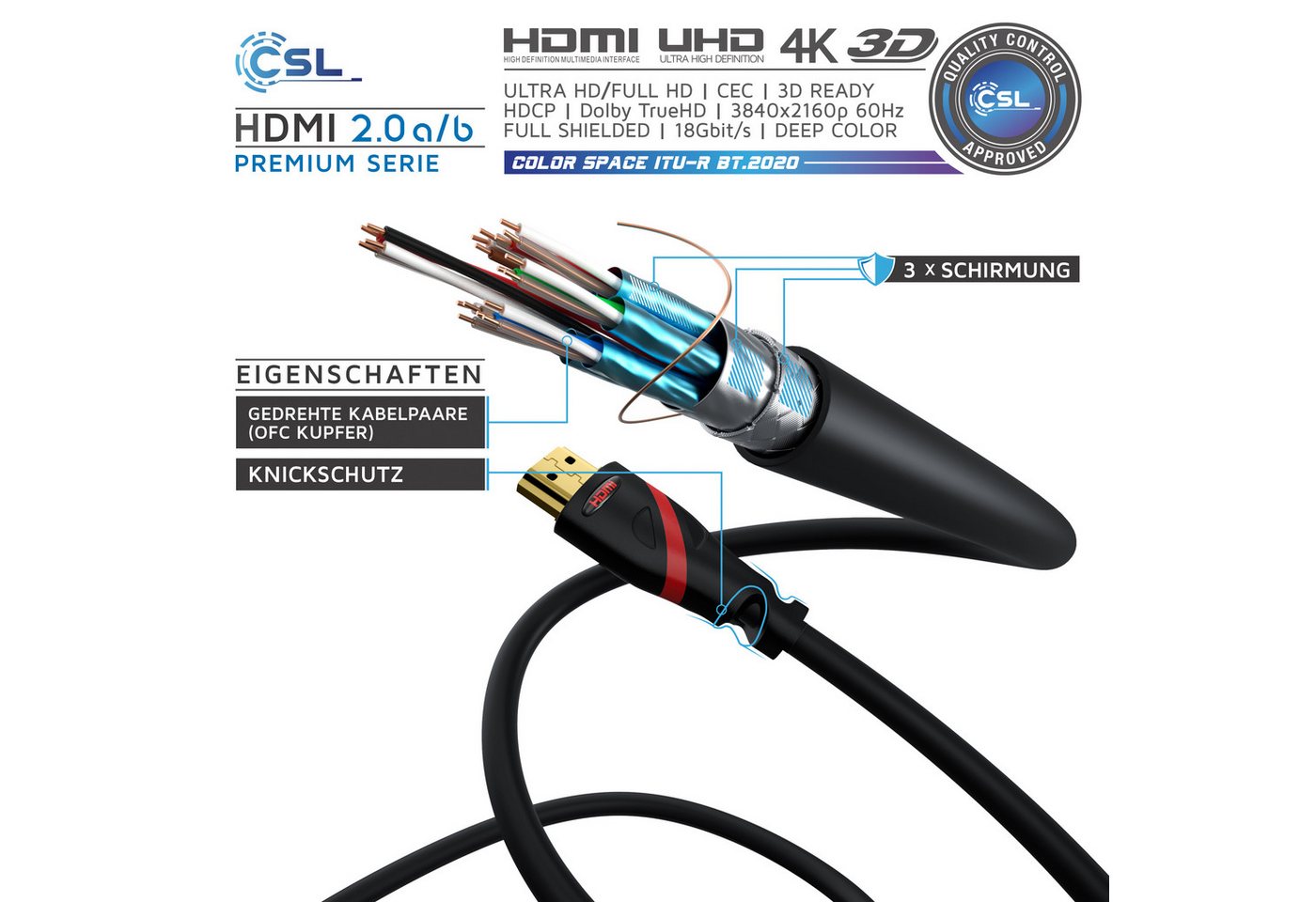 CSL 4K Ultra HD, UHD, Full HD, 3D, ARC, High Speed mit Ethernet - 12,5m HDMI-Kabel, 2.0b, HDMI Typ A (1250 cm), 60 Hz, CEC, ideal für TV, PC, Konsole und Beamer – Bild 5 von 5
