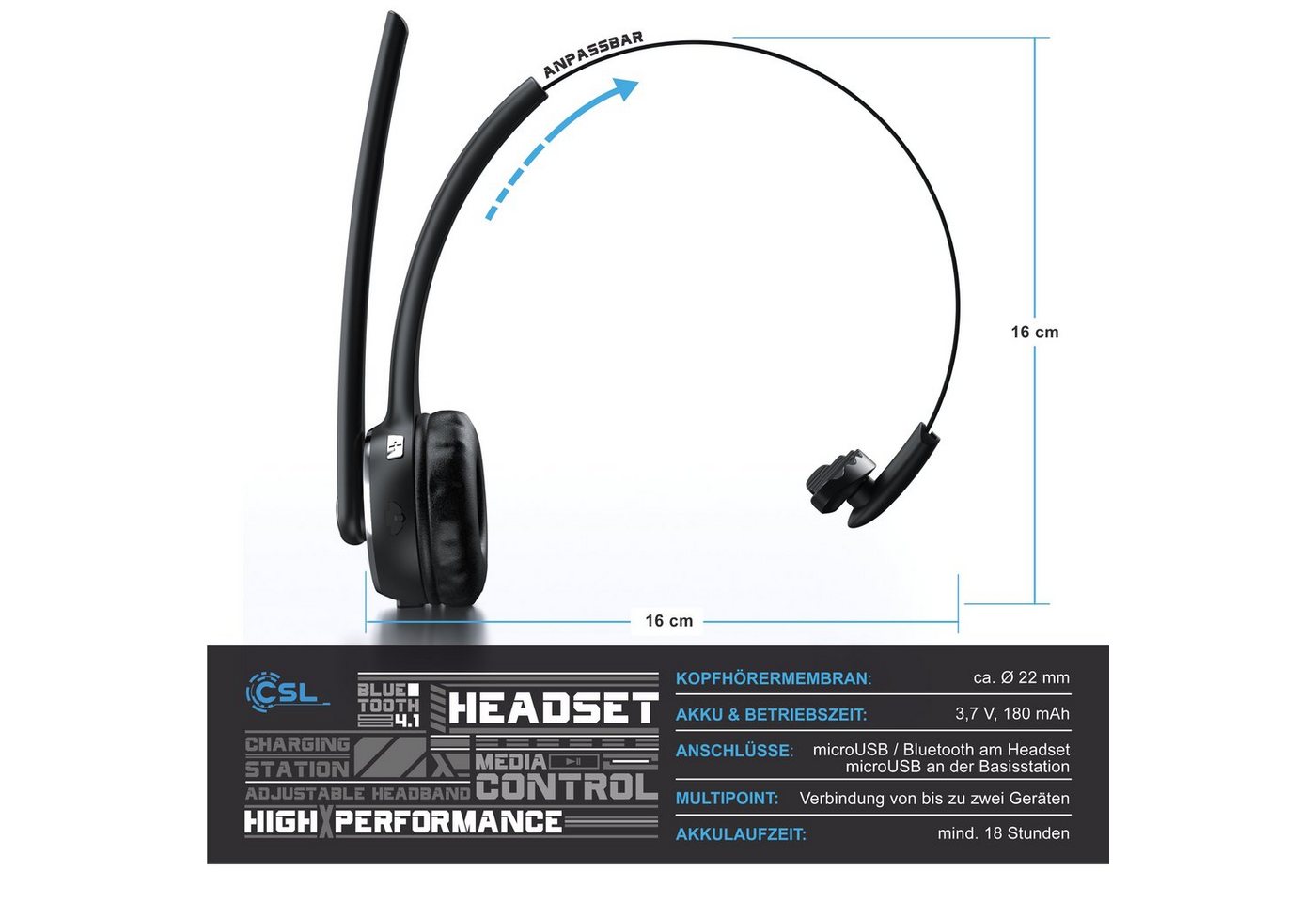 CSL Bluetooth 5.0 Kopfhörer mit Mikrofon & Ladestation Wireless-Headset (Bluetooth, Noise Cancel & Multipoint, kabellos für Auto, LKW und Computer) – Bild 2 von 5