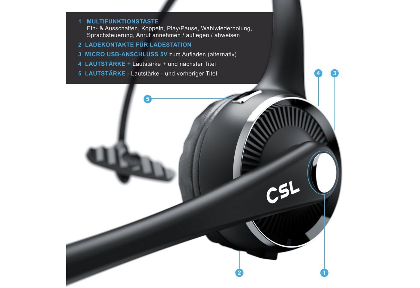 CSL Bluetooth 5.0 Kopfhörer mit Mikrofon & Ladestation Wireless-Headset (Bluetooth, Noise Cancel & Multipoint, kabellos für Auto, LKW und Computer) – Bild 4 von 5