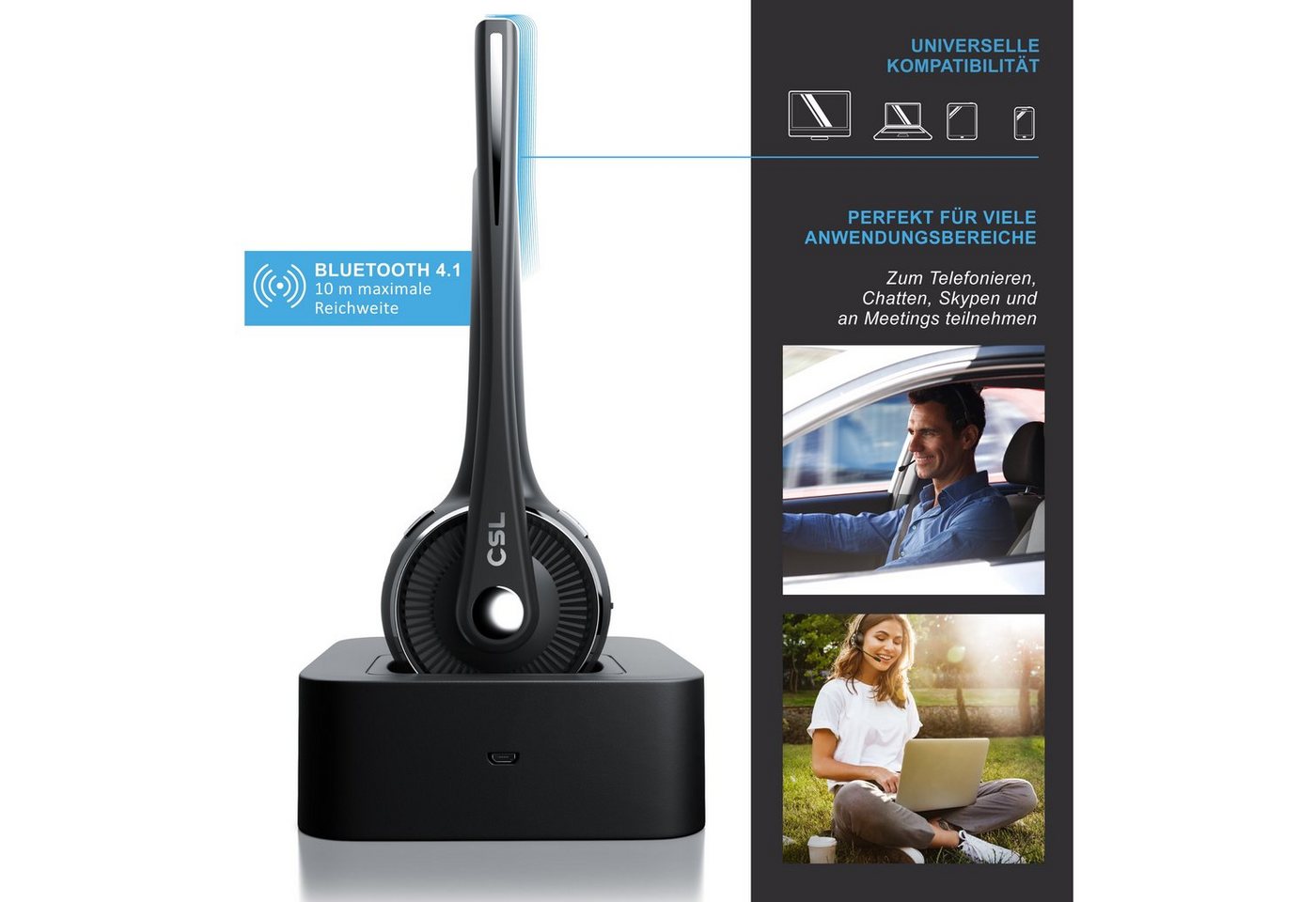 CSL Bluetooth 5.0 Kopfhörer mit Mikrofon & Ladestation Wireless-Headset (Bluetooth, Noise Cancel & Multipoint, kabellos für Auto, LKW und Computer) – Bild 5 von 5