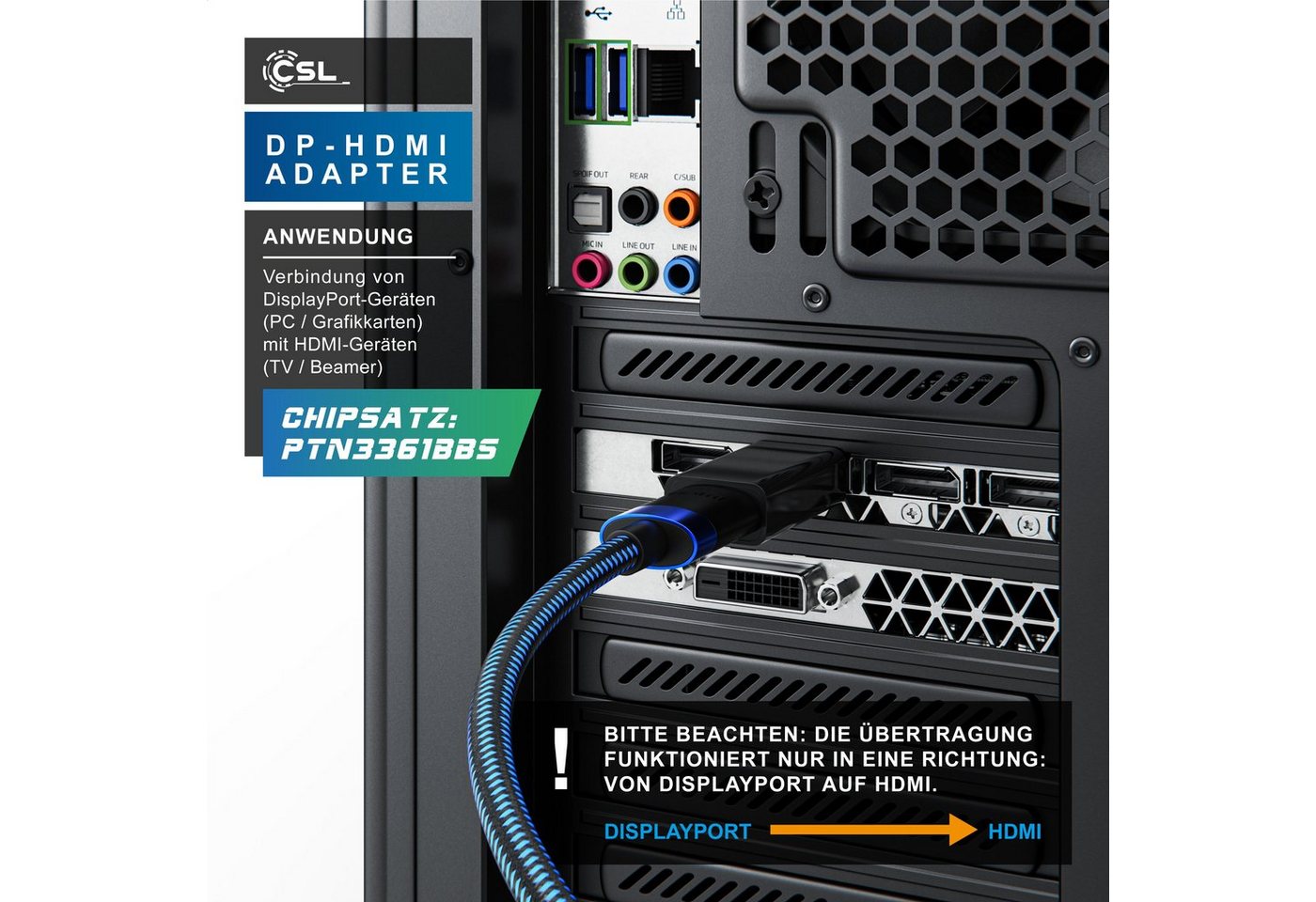 CSL DP auf HDMI Adapter mit Audioübertragung, Full HD 1080p Audio- & Video-Kabel, DisplayPort, HDMI Typ A, für Gaming-Monitor und PC, flüssige, gestochen scharf – Bild 5 von 5