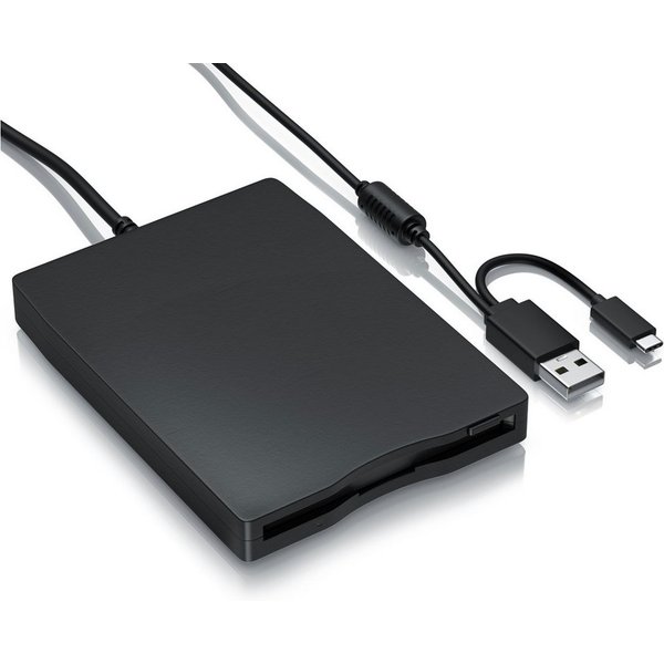 CSL Externes 3,5 Zoll, 1,44 MB, USB A und C, Plug & Play Diskettenlaufwerk (USB-A, USB 2.0, USB-C, Slimline Design, keine Treiber, Windows 10 11, schwarz, 14x10