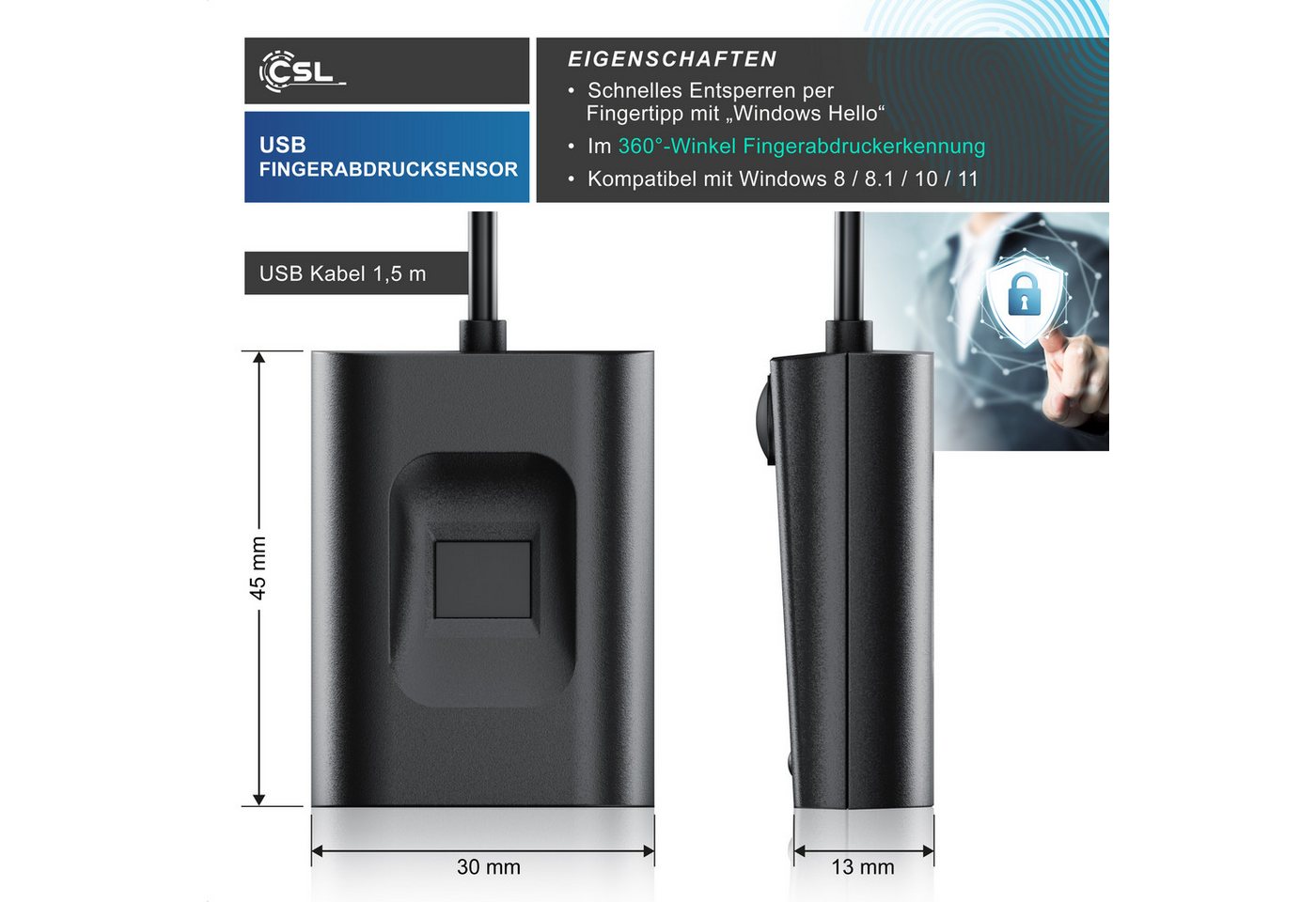 CSL Fingerabdrucksensor USB Fingerabdruckleser kabelgebunden, bis zu 10 IDs, Finger Scanner, (1-St), plug & play, Rundumerkennung, Windows 8 / 10 / 11 kompatibe – Bild 2 von 5