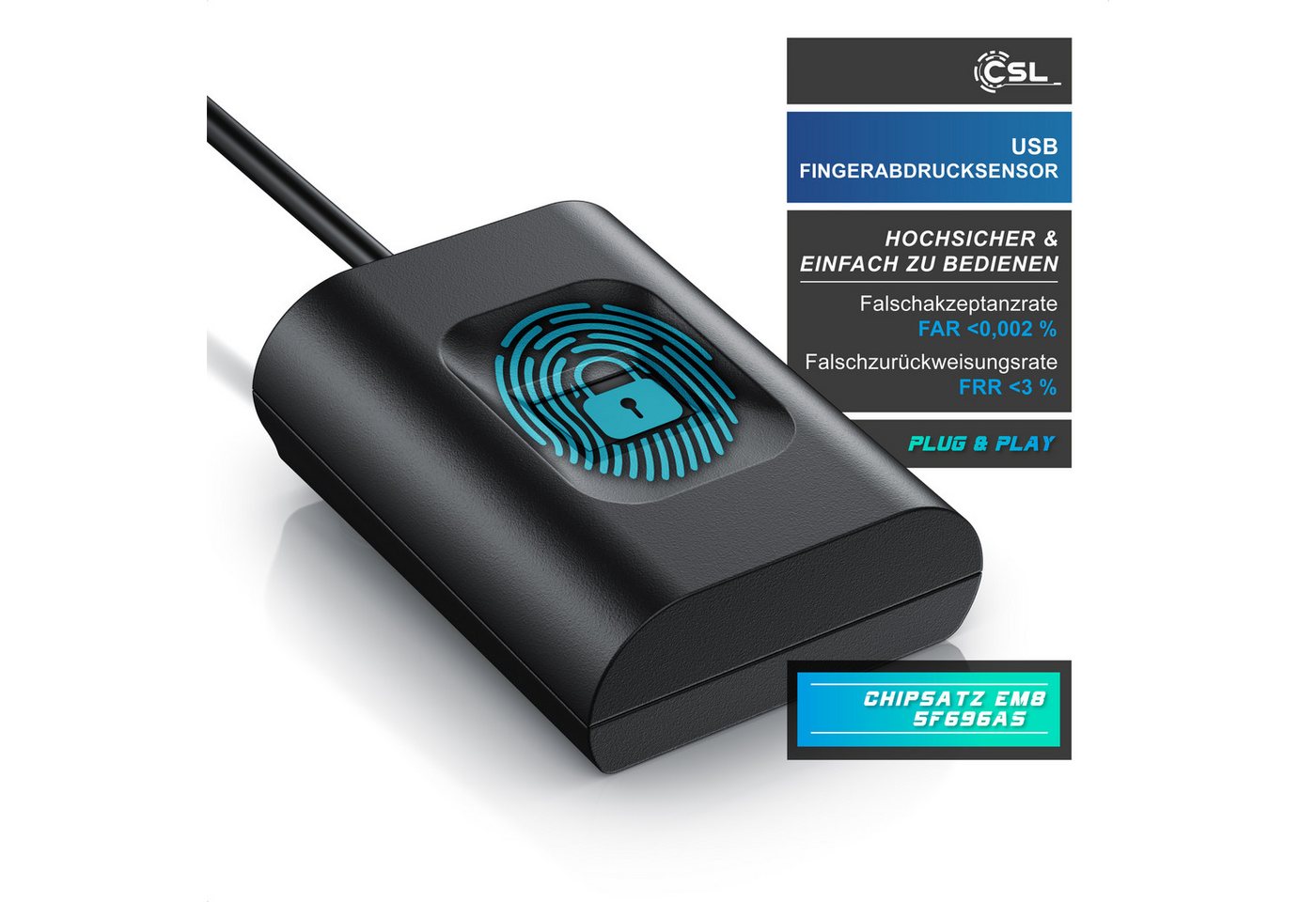 CSL Fingerabdrucksensor USB Fingerabdruckleser kabelgebunden, bis zu 10 IDs, Finger Scanner, (1-St), plug & play, Rundumerkennung, Windows 8 / 10 / 11 kompatibe – Bild 3 von 5