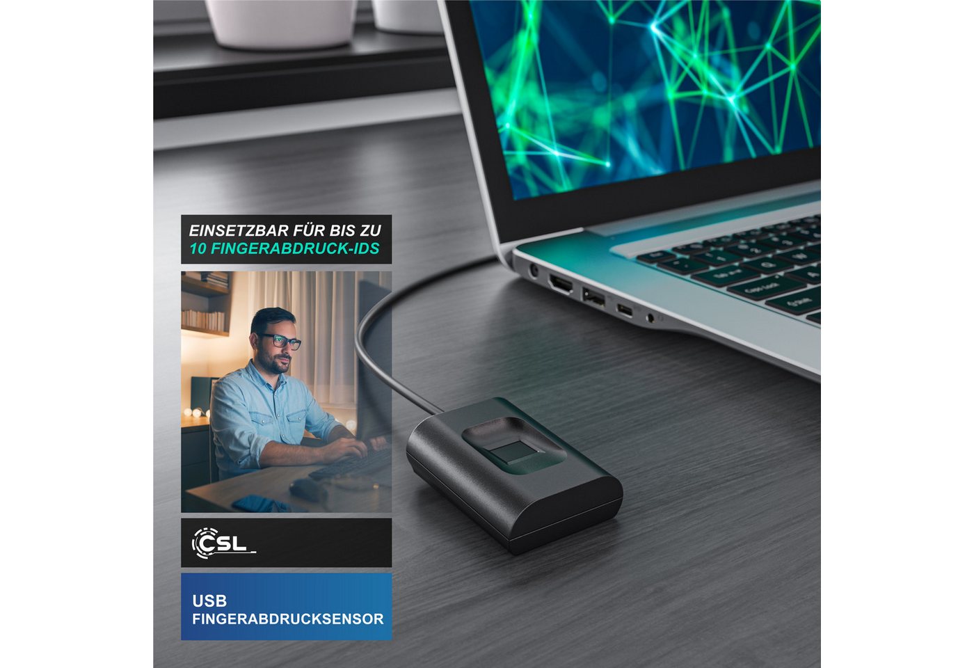 CSL Fingerabdrucksensor USB Fingerabdruckleser kabelgebunden, bis zu 10 IDs, Finger Scanner, (1-St), plug & play, Rundumerkennung, Windows 8 / 10 / 11 kompatibe – Bild 4 von 5