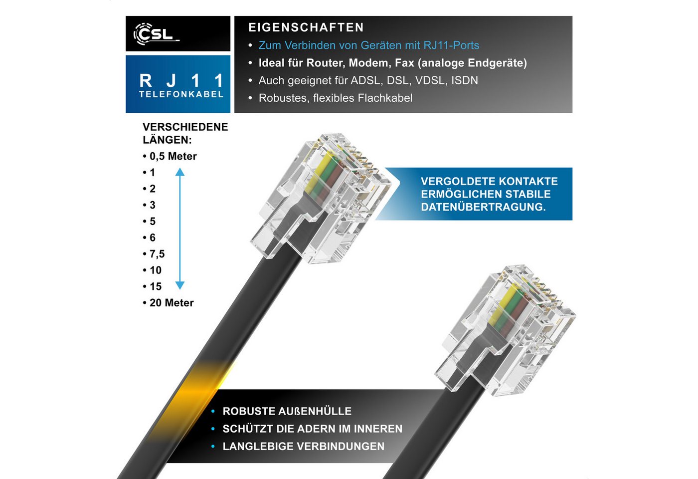 CSL Flachkabel RJ11 zu RJ 11, Router zu Telefon Fax Anrufbeantworter 3m Telefonkabel, RJ-11, RJ-11 (300 cm), Modularkabel, Telefonanschlusskabel, Modem, DSL, VD – Bild 2 von 5