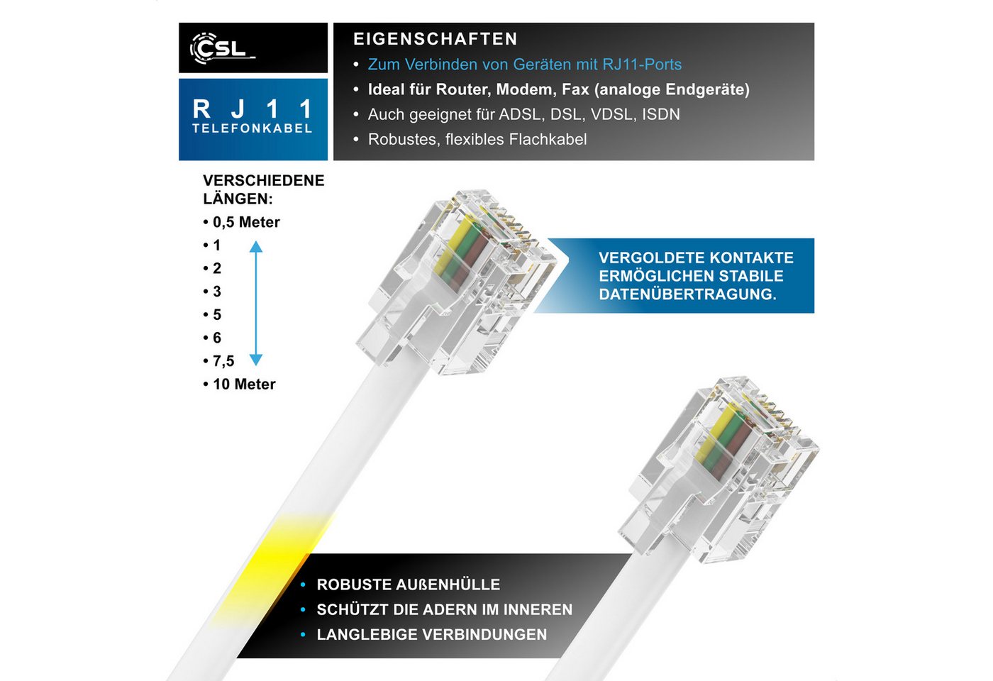 CSL Flachkabel RJ11 zu RJ 11, Router zu Telefon Fax Anrufbeantworter 6 m Telefonkabel, RJ-11, RJ-11 (600 cm), Modularkabel, Telefonanschlusskabel, Modem, DSL, V – Bild 2 von 5