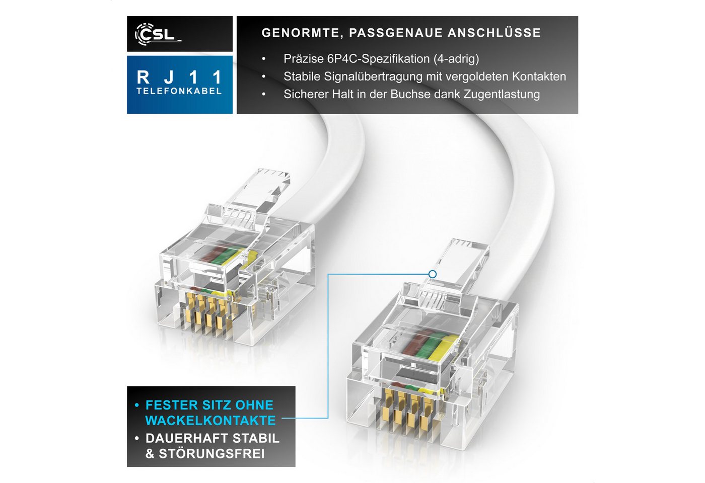 CSL Flachkabel RJ11 zu RJ 11, Router zu Telefon Fax Anrufbeantworter 6 m Telefonkabel, RJ-11, RJ-11 (600 cm), Modularkabel, Telefonanschlusskabel, Modem, DSL, V – Bild 3 von 5