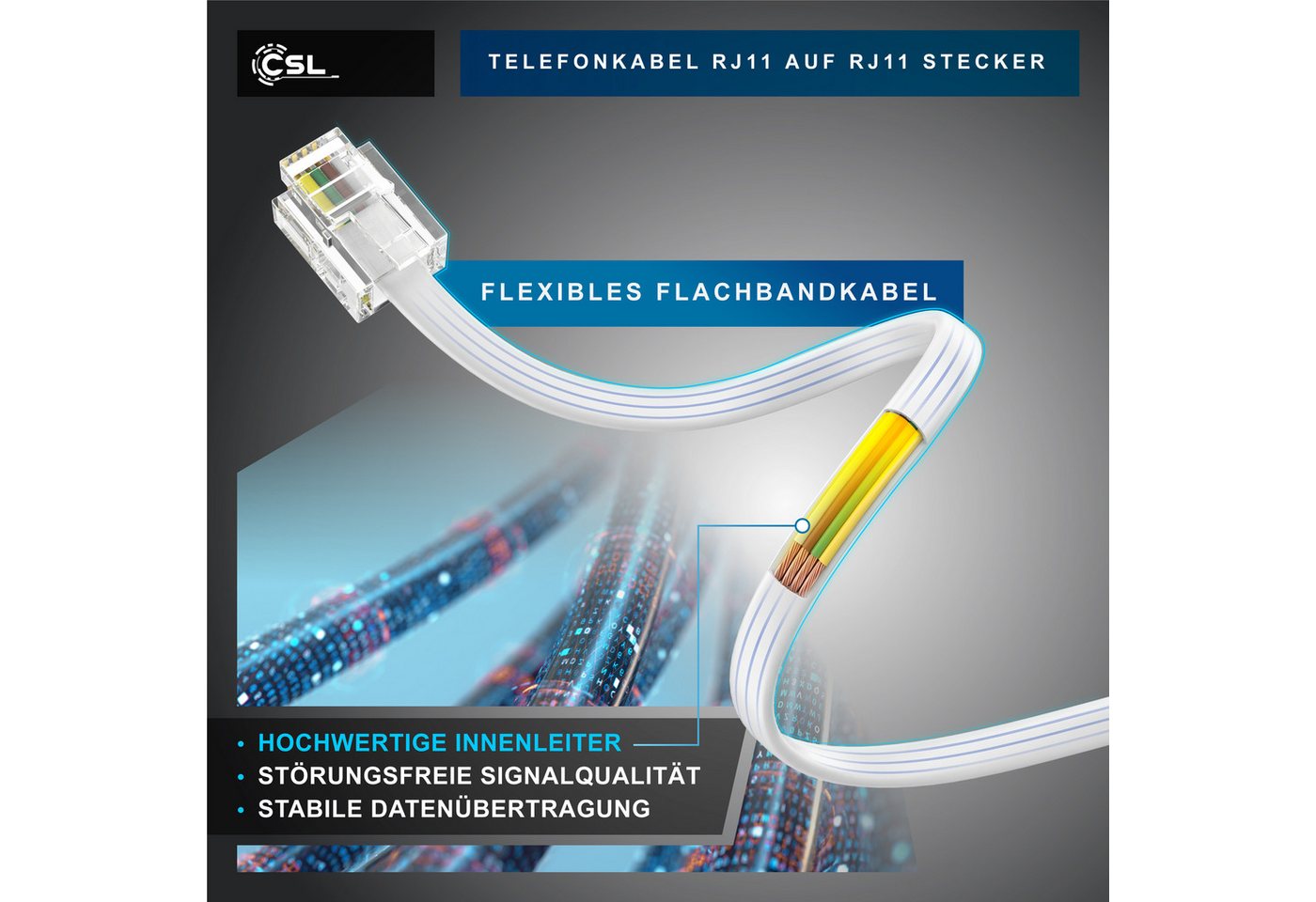 CSL Flachkabel RJ11 zu RJ 11, Router zu Telefon Fax Anrufbeantworter 6 m Telefonkabel, RJ-11, RJ-11 (600 cm), Modularkabel, Telefonanschlusskabel, Modem, DSL, V – Bild 4 von 5