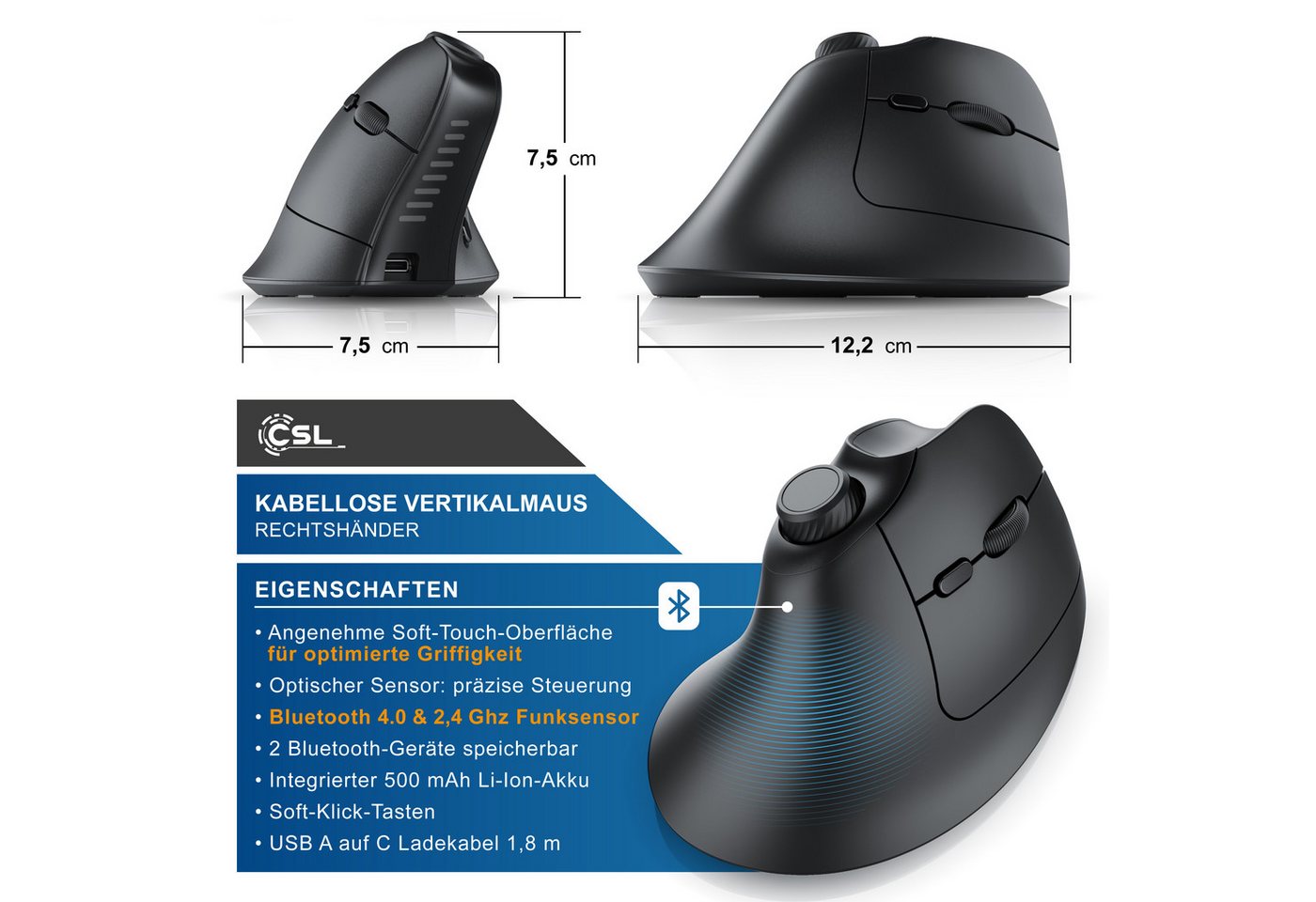 CSL kabellose Vertikalmaus, Wireless 2,4 GHz Funk & Bluetooth 4.0 ergonomische Maus (Bluetooth, Funk, 1600 dpi, ergonomisches Design, gegen Mausarm Tennisarm, M – Bild 2 von 5