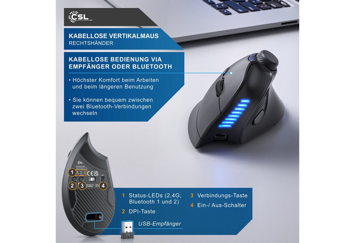 CSL kabellose Vertikalmaus, Wireless 2,4 GHz Funk & Bluetooth 4.0 ergonomische Maus (Bluetooth, Funk, 1600 dpi, ergonomisches Design, gegen Mausarm Tennisarm, M – Bild 5 von 5