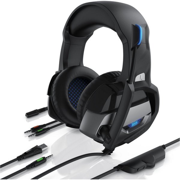 CSL Kopfhörer für PC, PS4 Pro, PS5, Xbox One S, Mikrofon, LED-Beleuchtung Gaming-Headset (Blaue LED-Beleuchtung, Kopfbügel variabel verstellbar, Bietet kristall