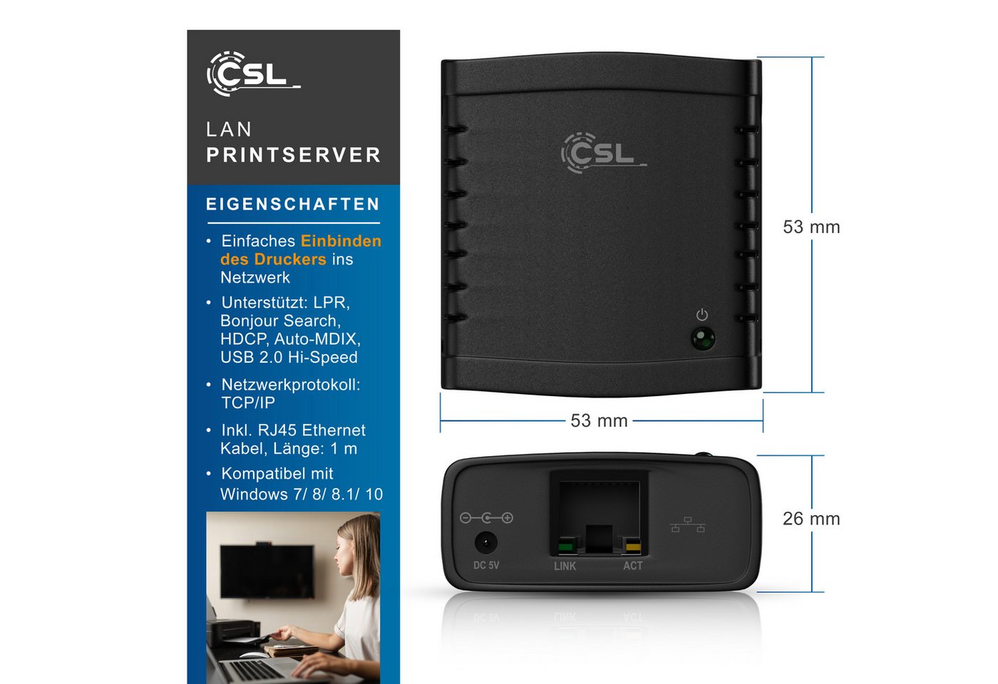 CSL LAN-Printserver für USB-Drucker, Fast Ethernet, inkl. Netzteil USB-Adapter RJ45 zu USB Typ A, Netzwerk USB zu RJ45, DHCP, LRP Print Server für PC & MAC, Win – Bild 2 von 5