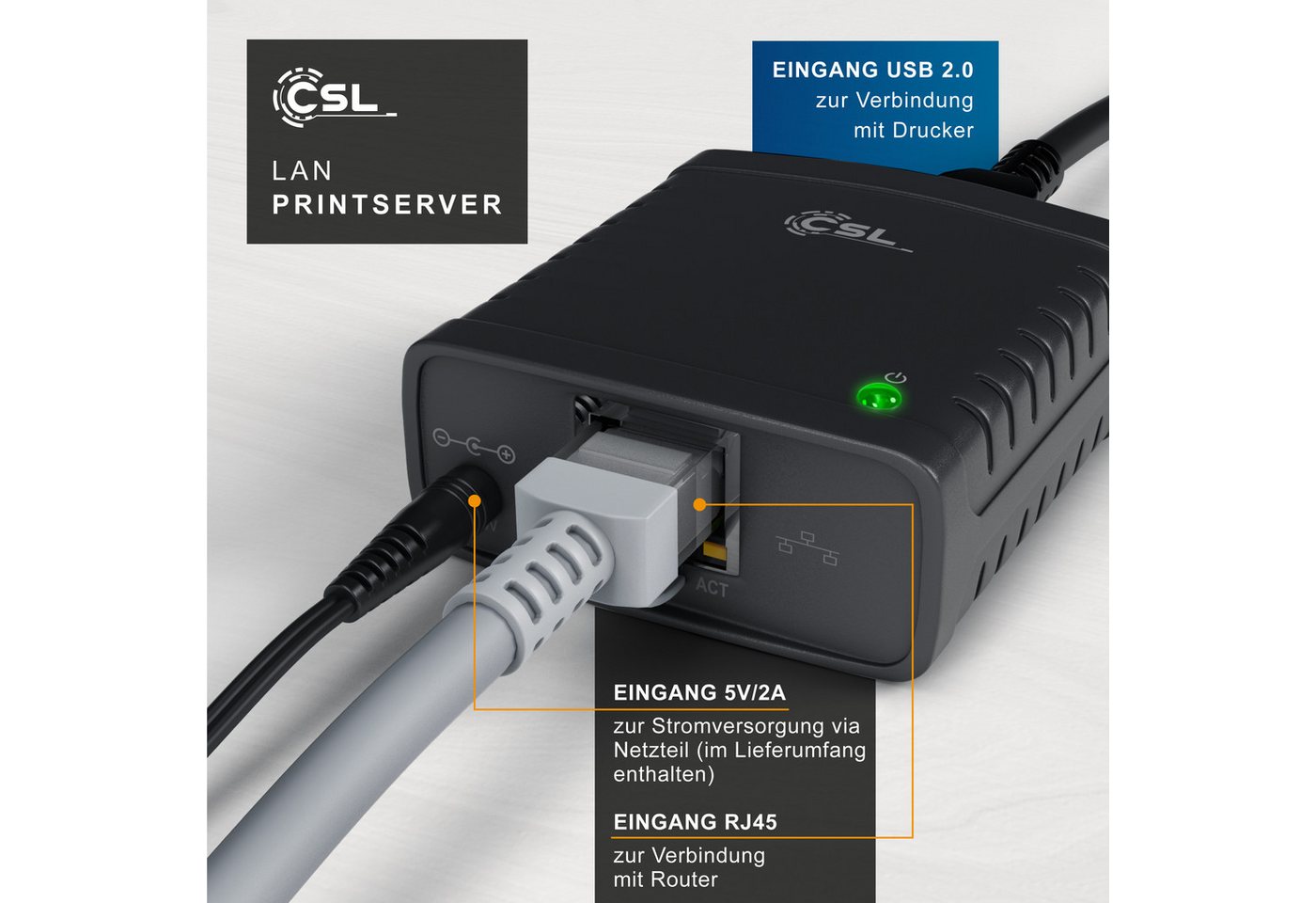 CSL LAN-Printserver für USB-Drucker, Fast Ethernet, inkl. Netzteil USB-Adapter RJ45 zu USB Typ A, Netzwerk USB zu RJ45, DHCP, LRP Print Server für PC & MAC, Win – Bild 3 von 5