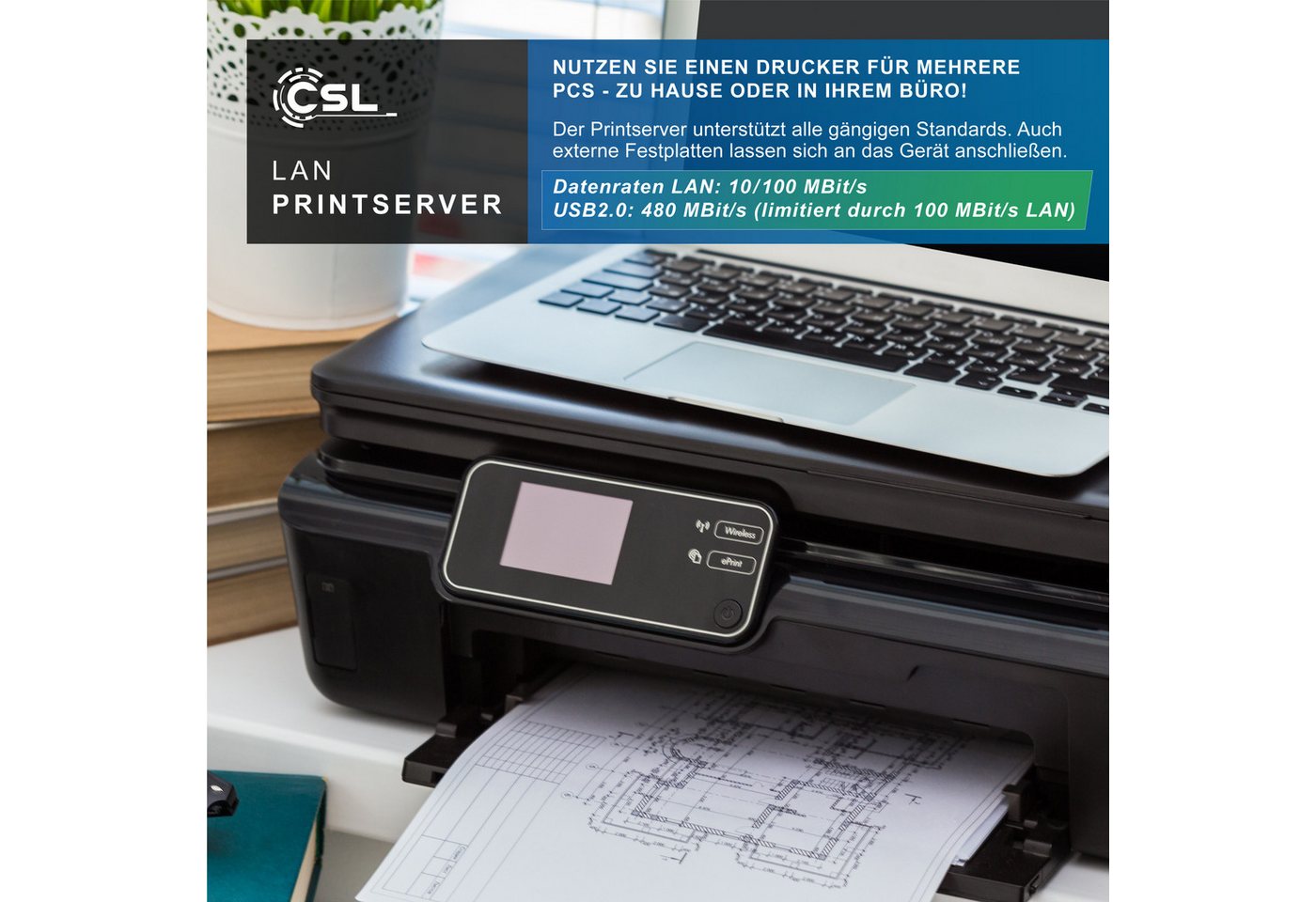 CSL LAN-Printserver für USB-Drucker, Fast Ethernet, inkl. Netzteil USB-Adapter RJ45 zu USB Typ A, Netzwerk USB zu RJ45, DHCP, LRP Print Server für PC & MAC, Win – Bild 5 von 5