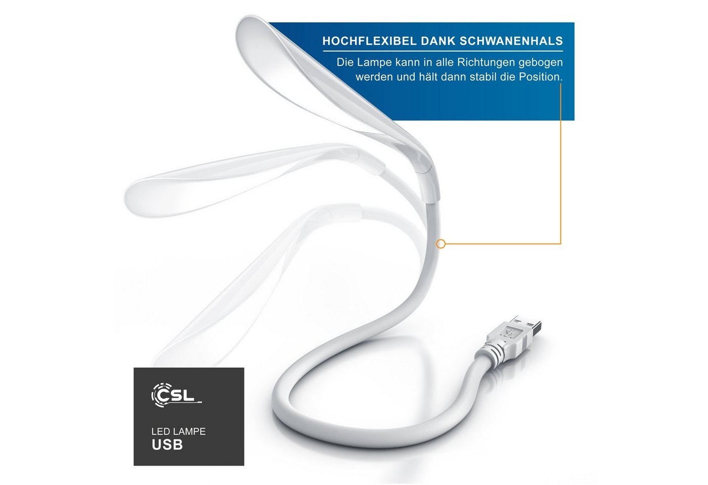 CSL LED Leselampe LED Lampe flexibel mit Schwanenhals Leselampe mit USB Anschluss, LED fest verbaut, flexibles Licht zum Lesen, für Bett, Sofa und Schreibtisch – Bild 2 von 5