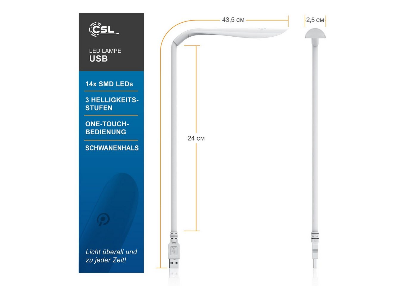 CSL LED Leselampe LED Lampe flexibel mit Schwanenhals Leselampe mit USB Anschluss, LED fest verbaut, flexibles Licht zum Lesen, für Bett, Sofa und Schreibtisch – Bild 3 von 5