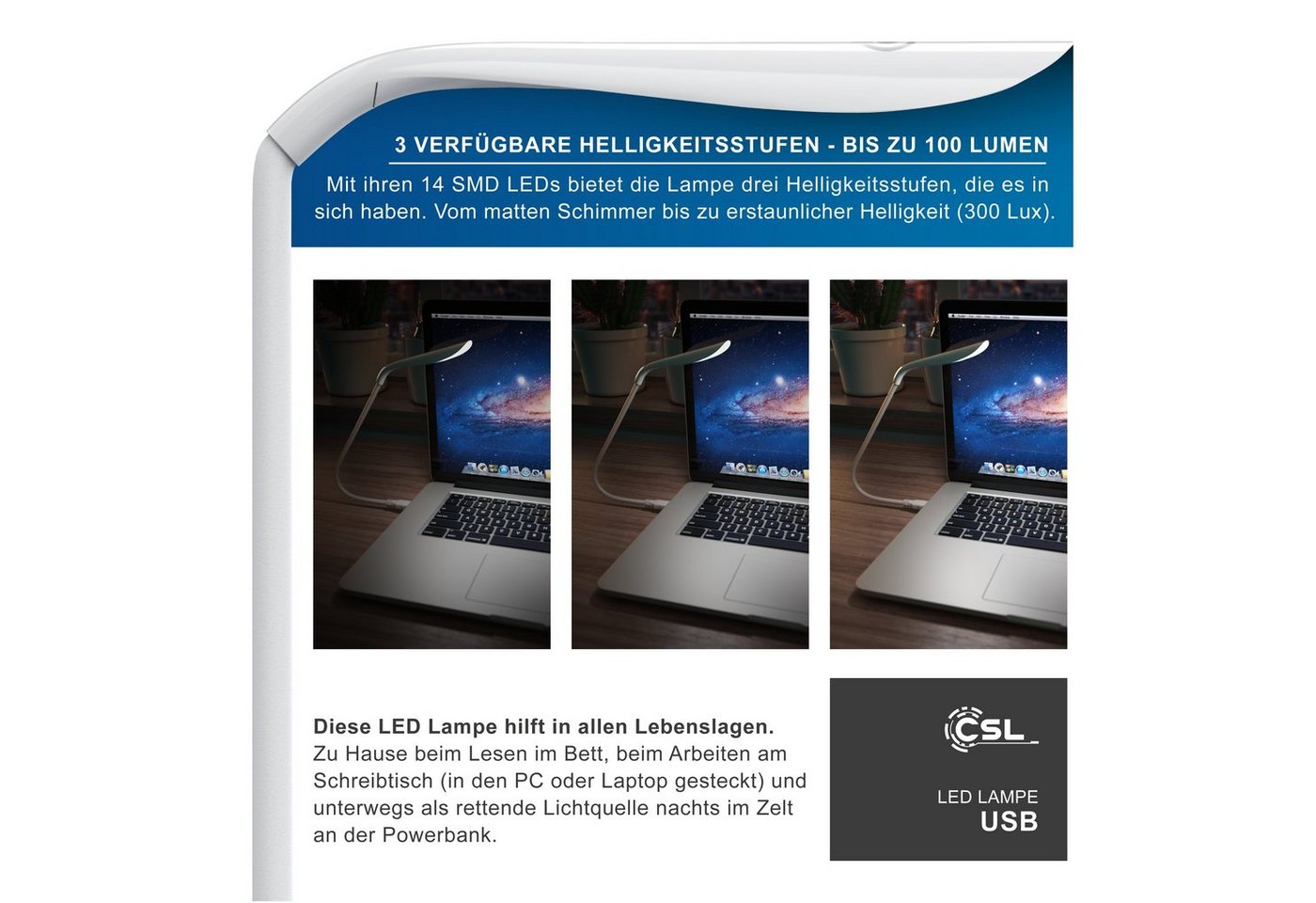 CSL LED Leselampe LED Lampe flexibel mit Schwanenhals Leselampe mit USB Anschluss, LED fest verbaut, flexibles Licht zum Lesen, für Bett, Sofa und Schreibtisch – Bild 5 von 5