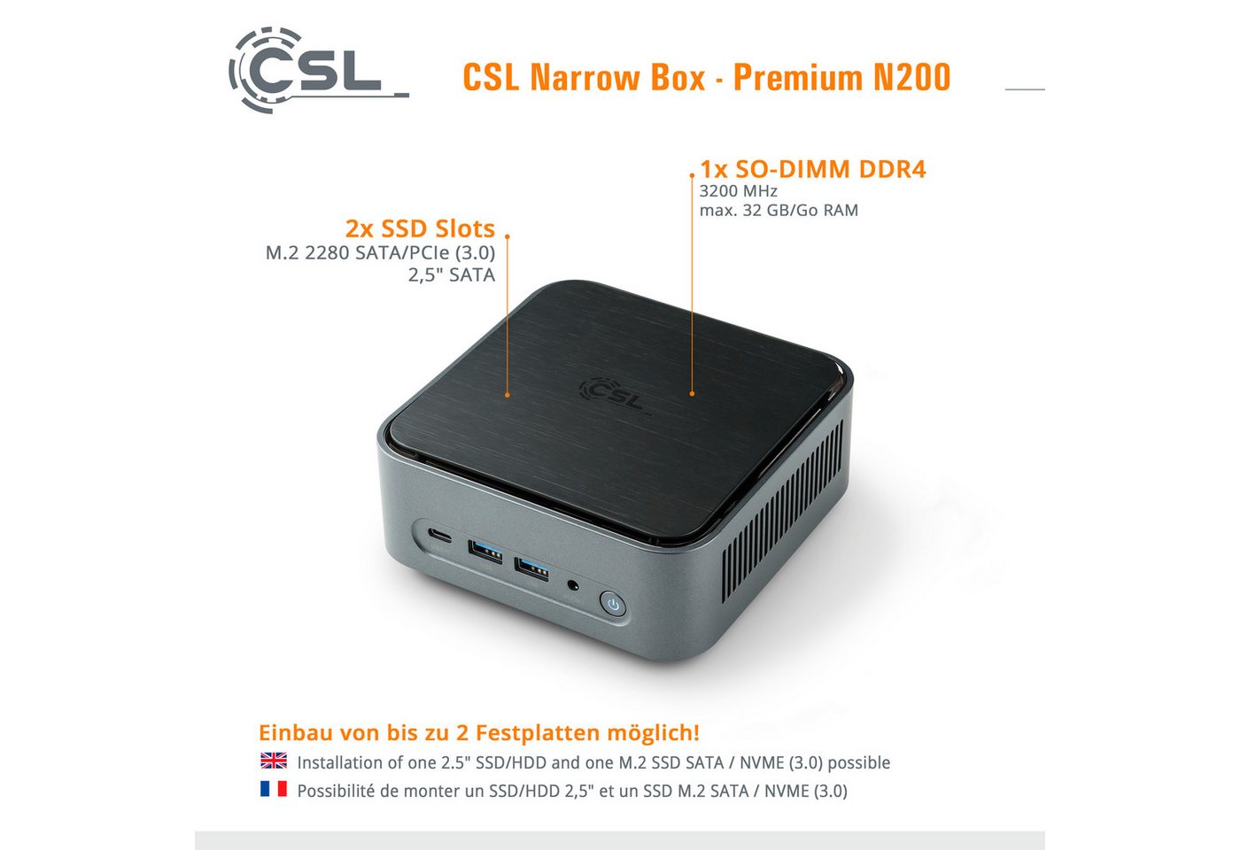 CSL Narrow Box Premium Mini-PC (Intel N200 N200, UHD Graphics, 16 GB RAM, 500 GB SSD, Luftkühlung) – Bild 4 von 5