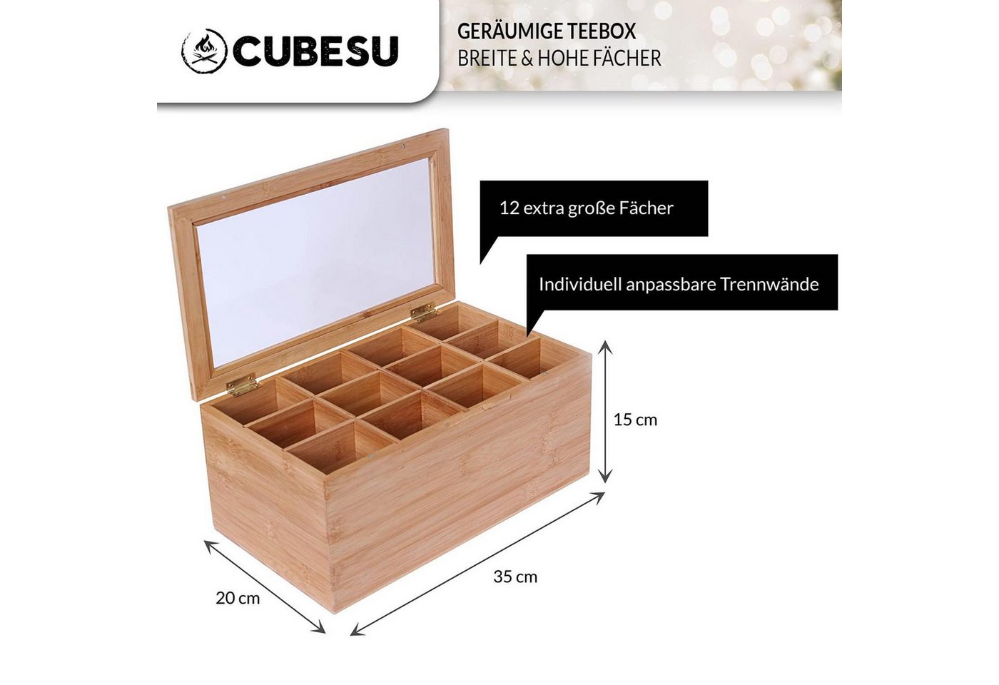 Cubesu Teebox Premium Holz Teebeutelbox Teekiste Teebeutel Box, Bambus, 12 Fächer mit Sichtfenster & Schublade – Bild 2 von 5