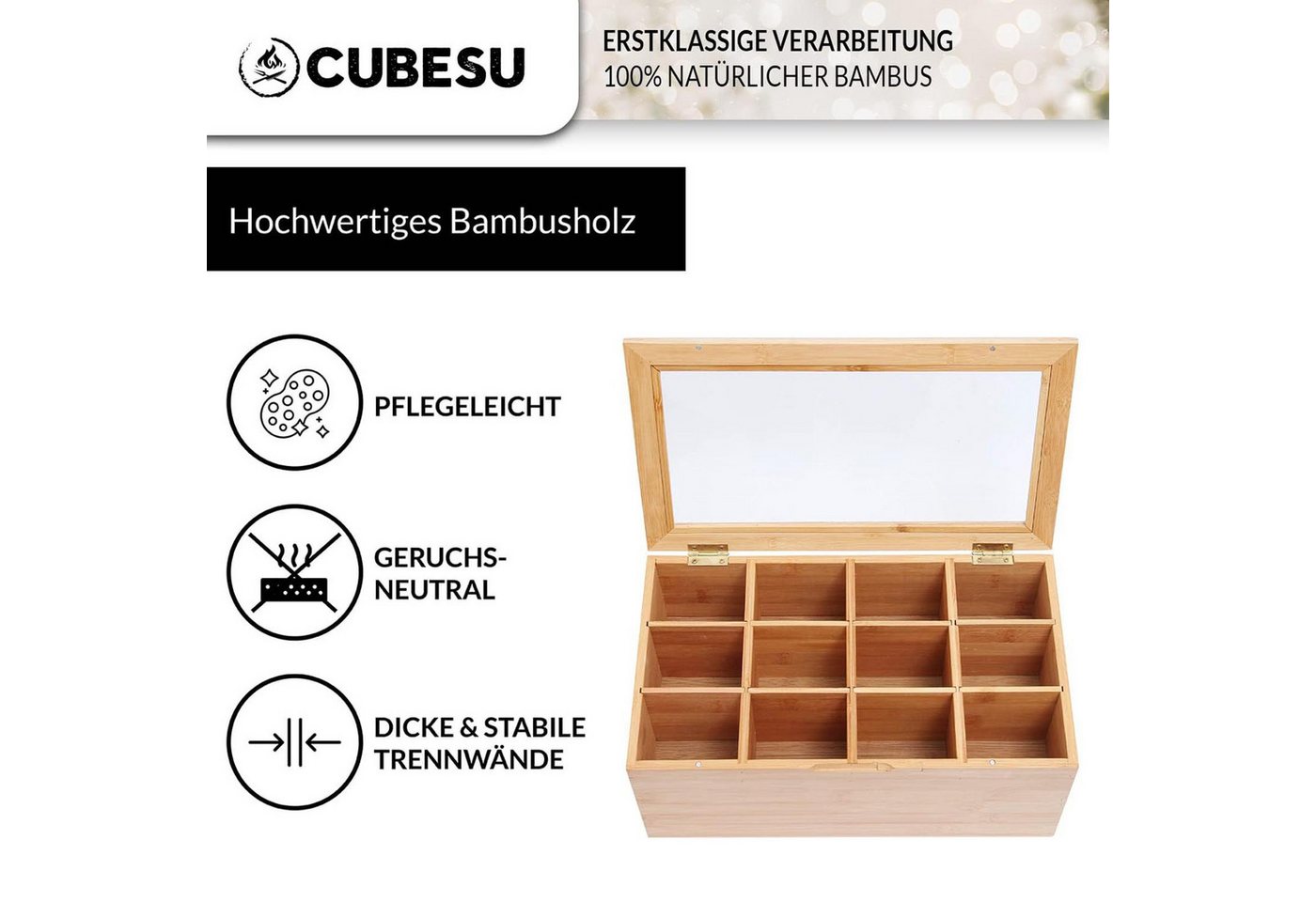 Cubesu Teebox Premium Holz Teebeutelbox Teekiste Teebeutel Box, Bambus, 12 Fächer mit Sichtfenster & Schublade – Bild 3 von 5