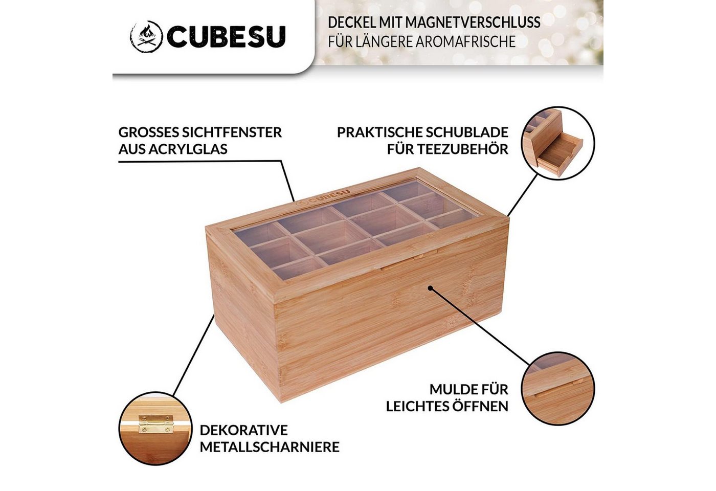 Cubesu Teebox Premium Holz Teebeutelbox Teekiste Teebeutel Box, Bambus, 12 Fächer mit Sichtfenster & Schublade – Bild 4 von 5