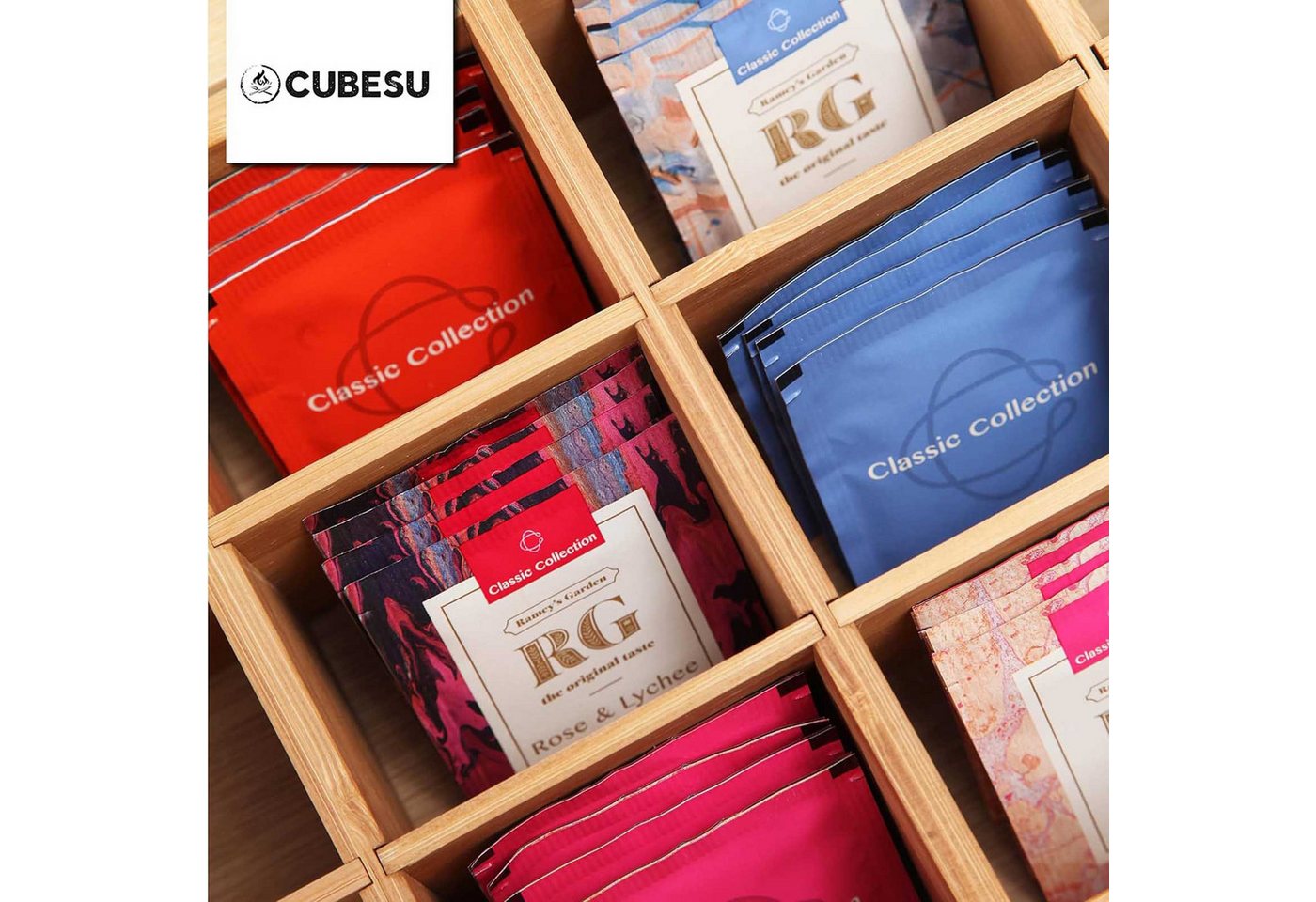 Cubesu Teebox Premium Holz Teebeutelbox Teekiste Teebeutel Box, Bambus, 12 Fächer mit Sichtfenster & Schublade – Bild 5 von 5