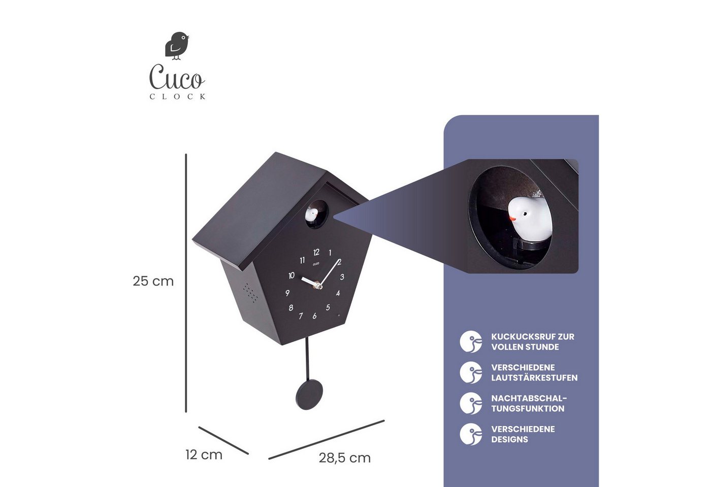 Cuco Clock Wanduhr Kuckucksuhr SCHWARZWALDHAUS, Pendeluhr Wanduhr, Moderne Schwarzwalduhr (25 x 28,5 x 12cm, Pendeluhr mit Nachtruhefunktion, Vogelgezwitscher) – Bild 2 von 5