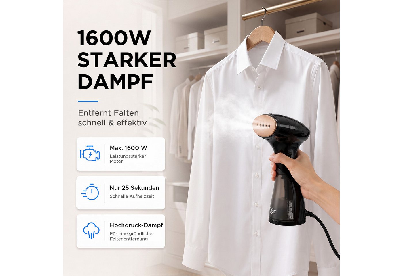 CUISYNC Dampfglätter Steamer für Kleidung, Handdampfgerät, kompakter Dampfglätter, kompakt, 1600 W, Starker Dampf, 150 ml Tank, vertikal & horizontal für Zuhaus – Bild 2 von 5