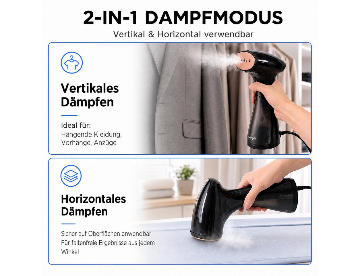 CUISYNC Dampfglätter Steamer für Kleidung, Handdampfgerät, kompakter Dampfglätter, kompakt, 1600 W, Starker Dampf, 150 ml Tank, vertikal & horizontal für Zuhaus – Bild 3 von 5