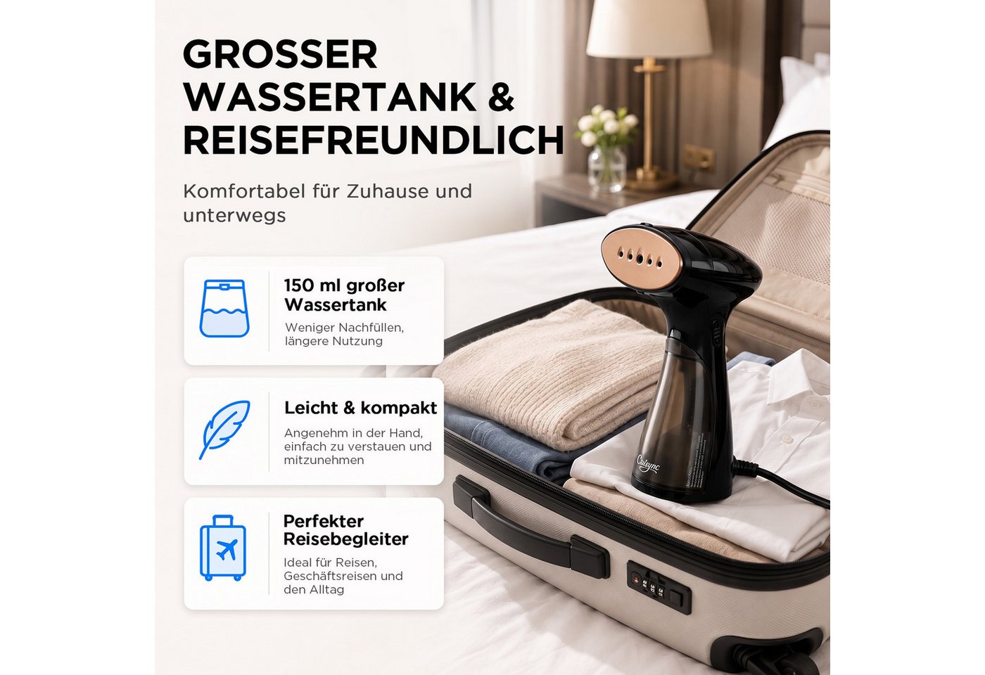 CUISYNC Dampfglätter Steamer für Kleidung, Handdampfgerät, kompakter Dampfglätter, kompakt, 1600 W, Starker Dampf, 150 ml Tank, vertikal & horizontal für Zuhaus – Bild 4 von 5