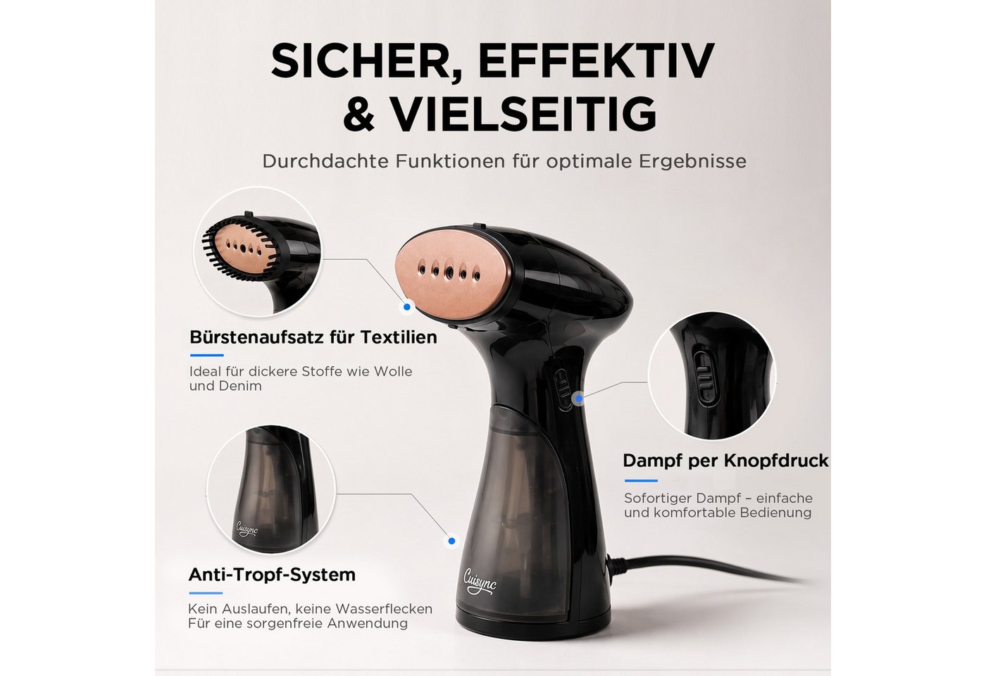CUISYNC Dampfglätter Steamer für Kleidung, Handdampfgerät, kompakter Dampfglätter, kompakt, 1600 W, Starker Dampf, 150 ml Tank, vertikal & horizontal für Zuhaus – Bild 5 von 5