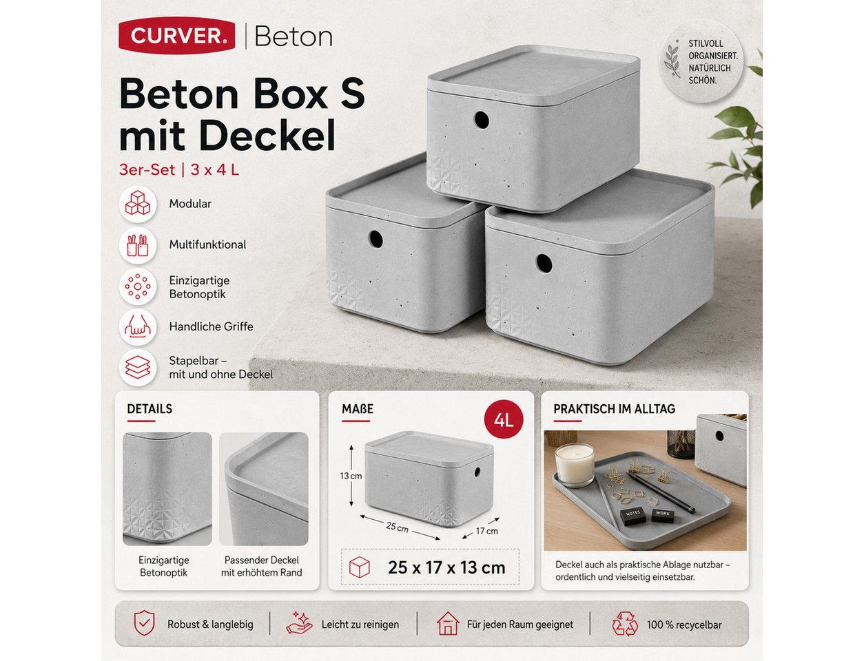 Curver Aufbewahrungsbox 3er Set 4 Liter Stapelbox Kunststoff Aufbewahrungskiste Regalbox, Ordnungssystem Haushaltsbox Schrankbox Kleinteilebox – Bild 5 von 5