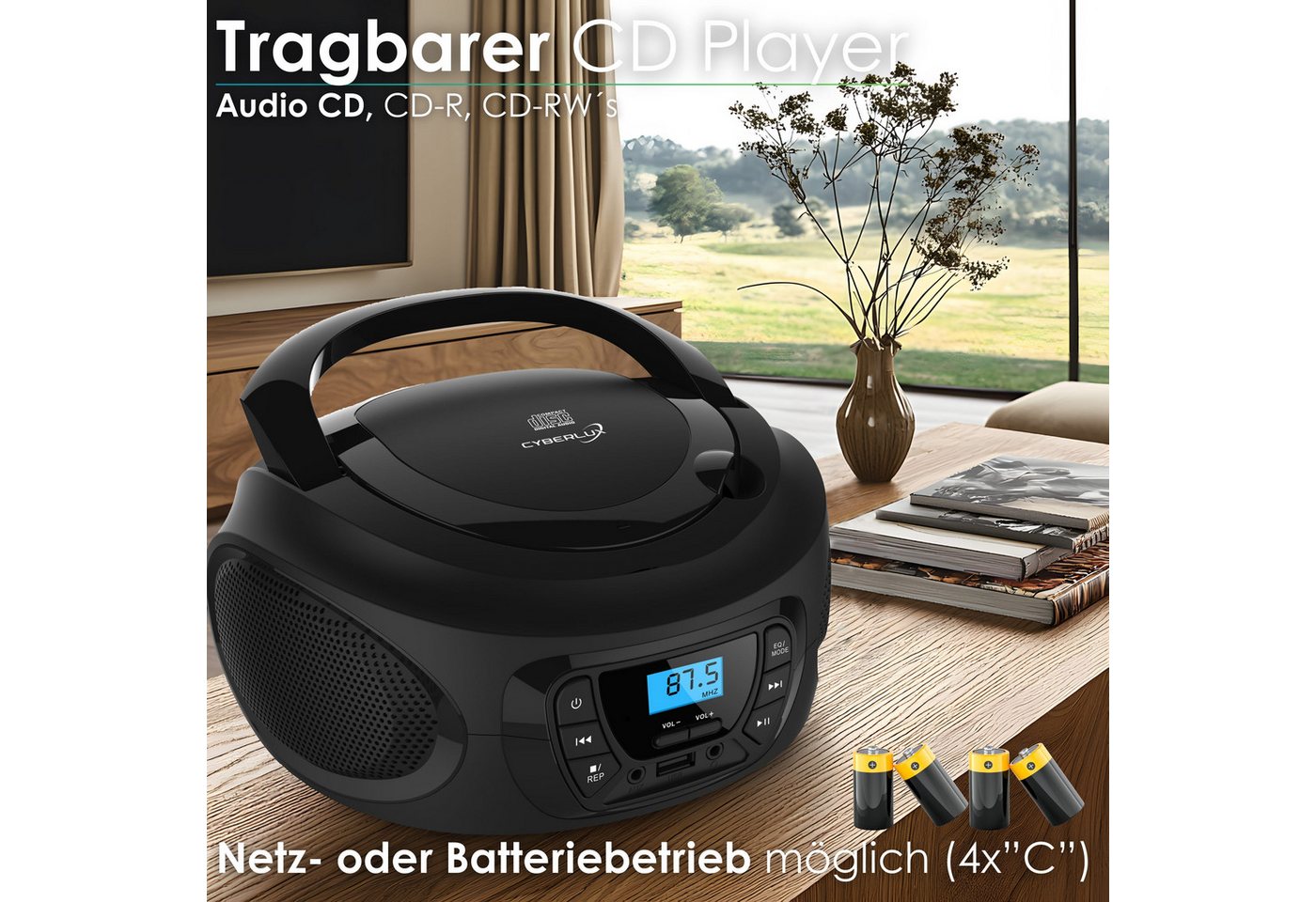 Cyberlux CL-600 tragbarer CD-Player (CD, Kinder CD Player tragbar, Boombox, Musikbox, FM Radio mit MP3 USB) – Bild 2 von 5