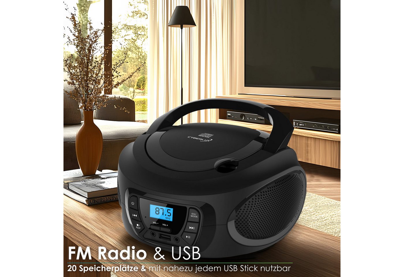 Cyberlux CL-600 tragbarer CD-Player (CD, Kinder CD Player tragbar, Boombox, Musikbox, FM Radio mit MP3 USB) – Bild 3 von 5