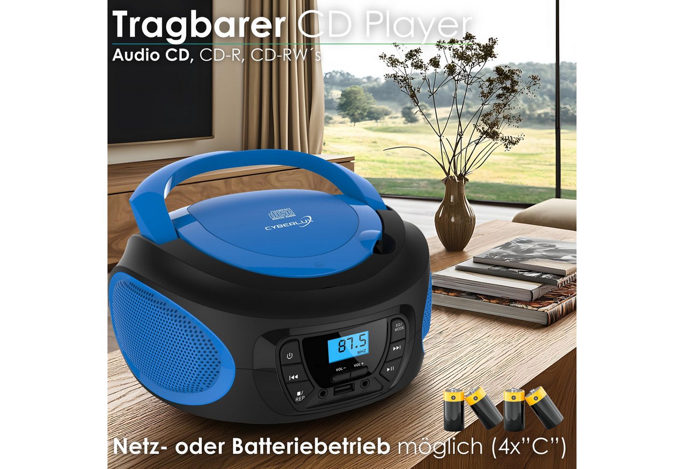 Cyberlux CL-610 tragbarer CD-Player (CD, Kinder CD Player tragbar, Boombox, Musikbox, FM Radio mit MP3 USB) – Bild 2 von 5