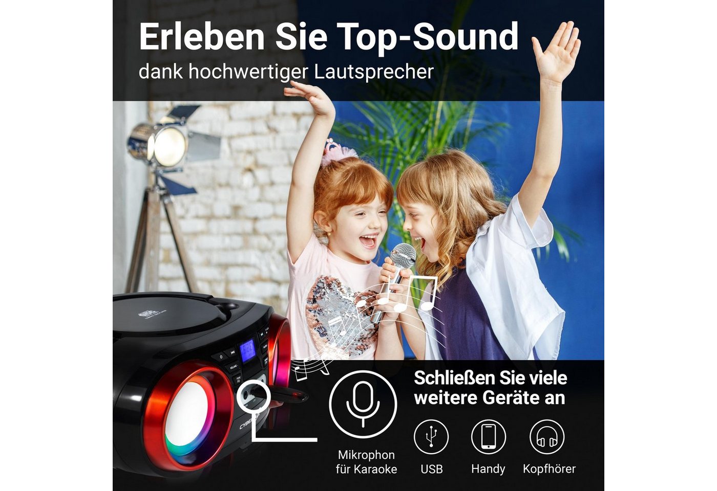 Cyberlux CL-810 tragbarer CD-Player (CD, tragbar,Boombox,LED-Disco-Beleuchtung,FM Radio mit MP3 USB) – Bild 2 von 5