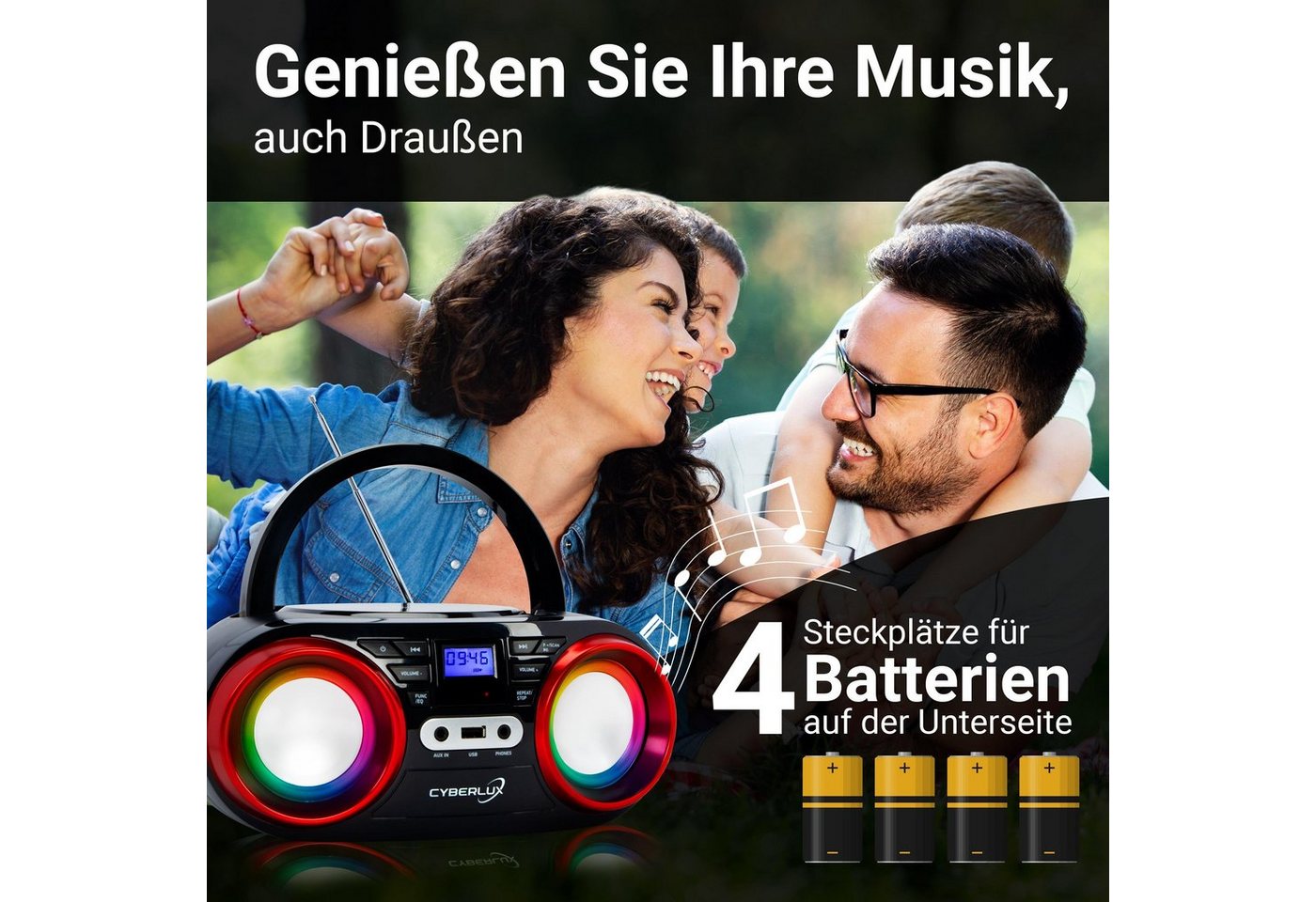 Cyberlux CL-810 tragbarer CD-Player (CD, tragbar,Boombox,LED-Disco-Beleuchtung,FM Radio mit MP3 USB) – Bild 3 von 5
