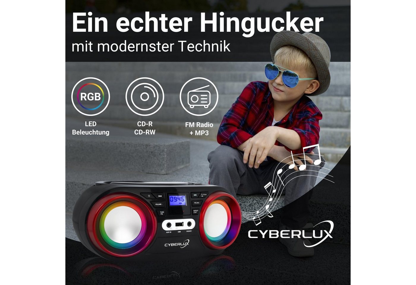 Cyberlux CL-810 tragbarer CD-Player (CD, tragbar,Boombox,LED-Disco-Beleuchtung,FM Radio mit MP3 USB) – Bild 4 von 5