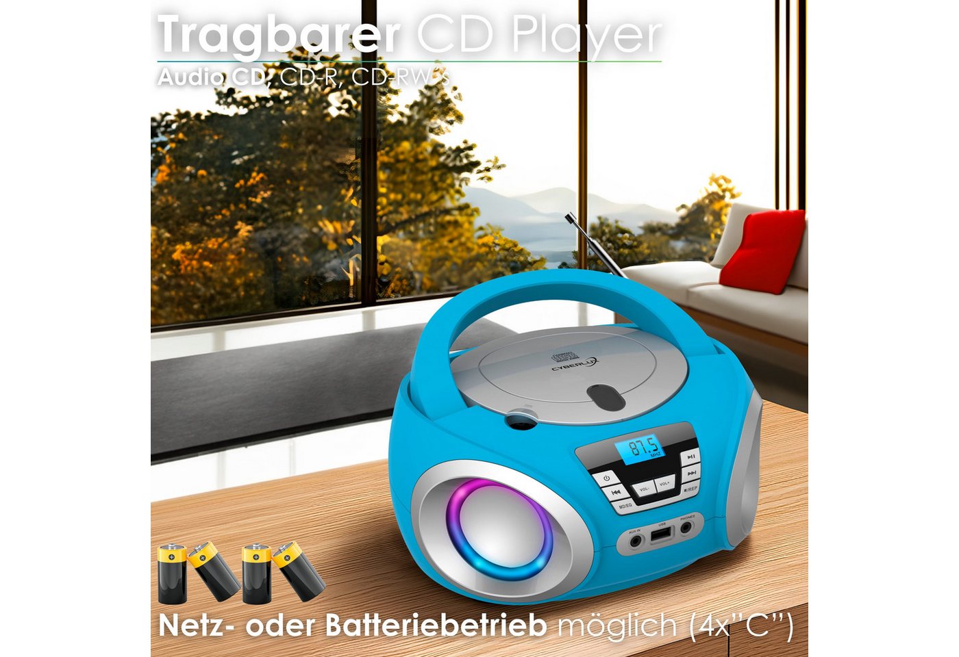 Cyberlux CL-900 tragbarer CD-Player (CD, Boombox,tragbar,LED-Disco-Beleuchtung,FM Radio mit MP3 USB) – Bild 2 von 5