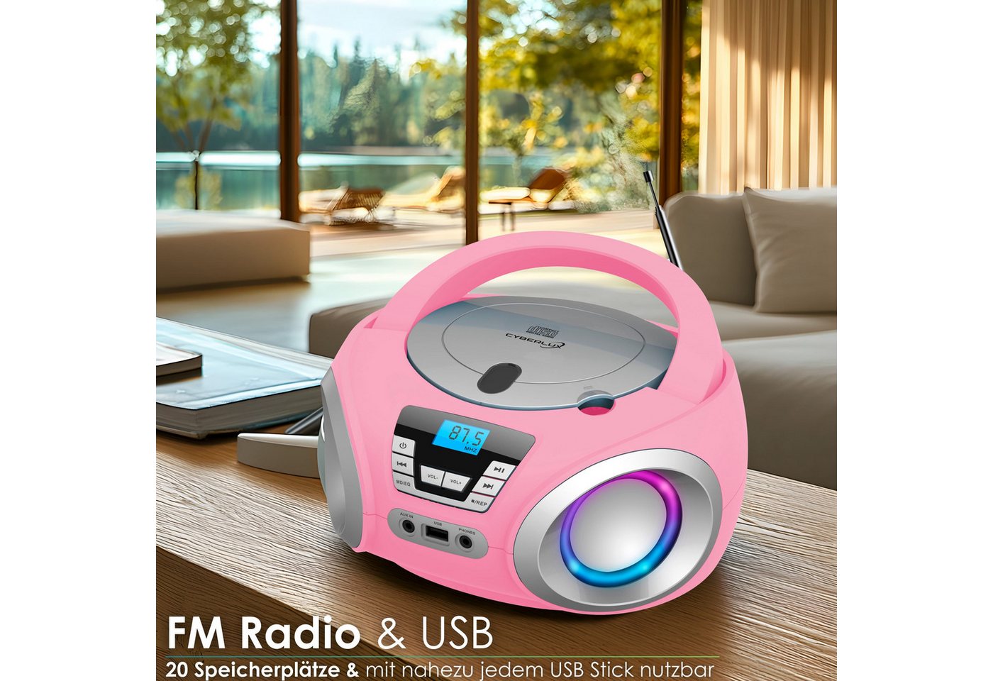 Cyberlux CL-910 tragbarer CD-Player (CD, Boombox,tragbar,LED-Disco-Beleuchtung,FM Radio mit MP3 USB) – Bild 3 von 5