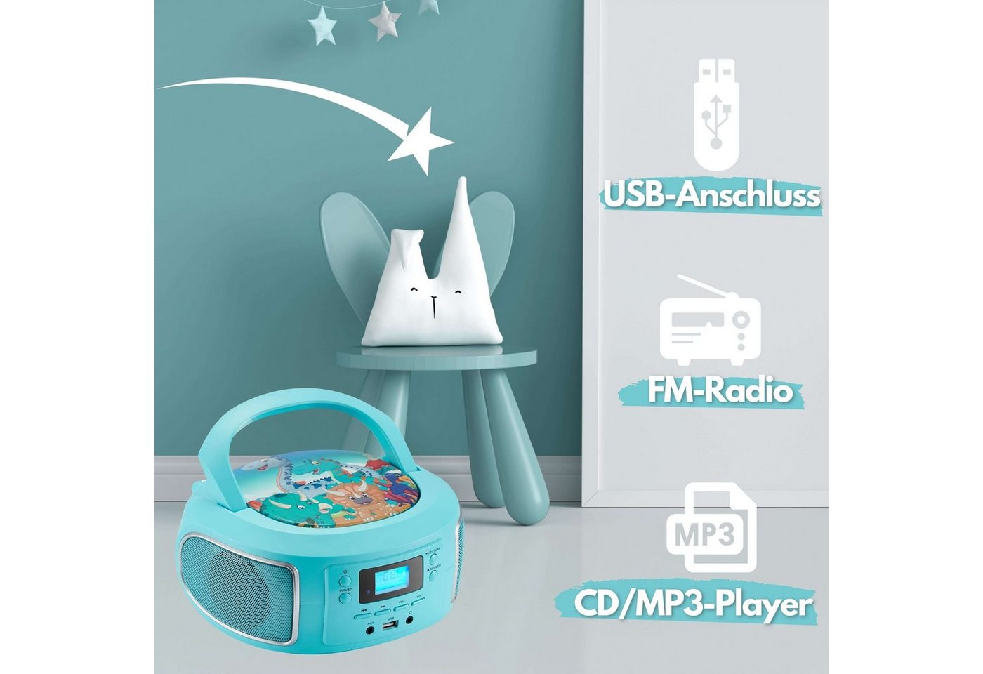 Cyberlux CL-940 tragbarer CD-Player (CD, Kinder CD Player tragbar, Boombox, Musikbox, FM Radio mit MP3 USB) – Bild 5 von 5
