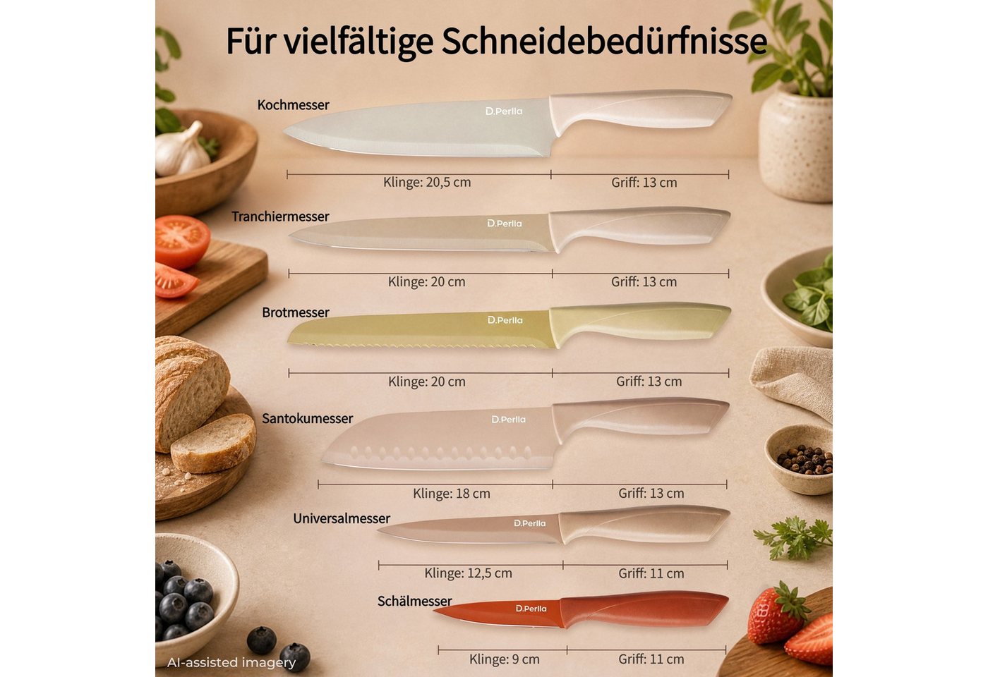 D.Perlla Messer-Set 6-teiliges Küchenmesserset, Edelstahl, mehrfarbig (Set, 6-tlg) – Bild 2 von 5