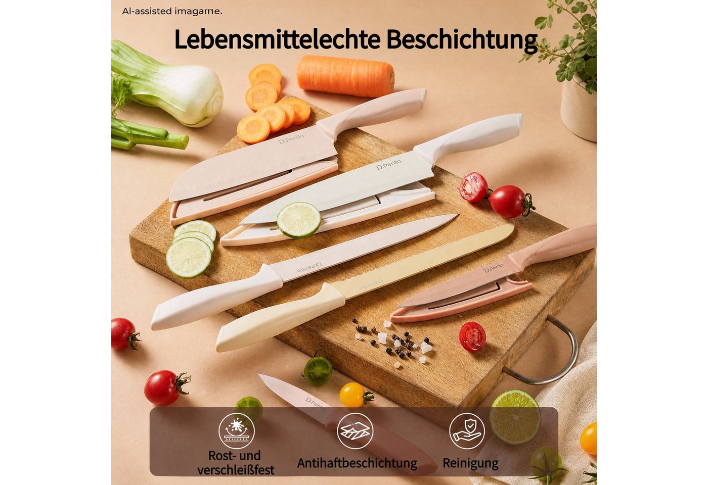 D.Perlla Messer-Set 6-teiliges Küchenmesserset, Edelstahl, mehrfarbig (Set, 6-tlg) – Bild 3 von 5