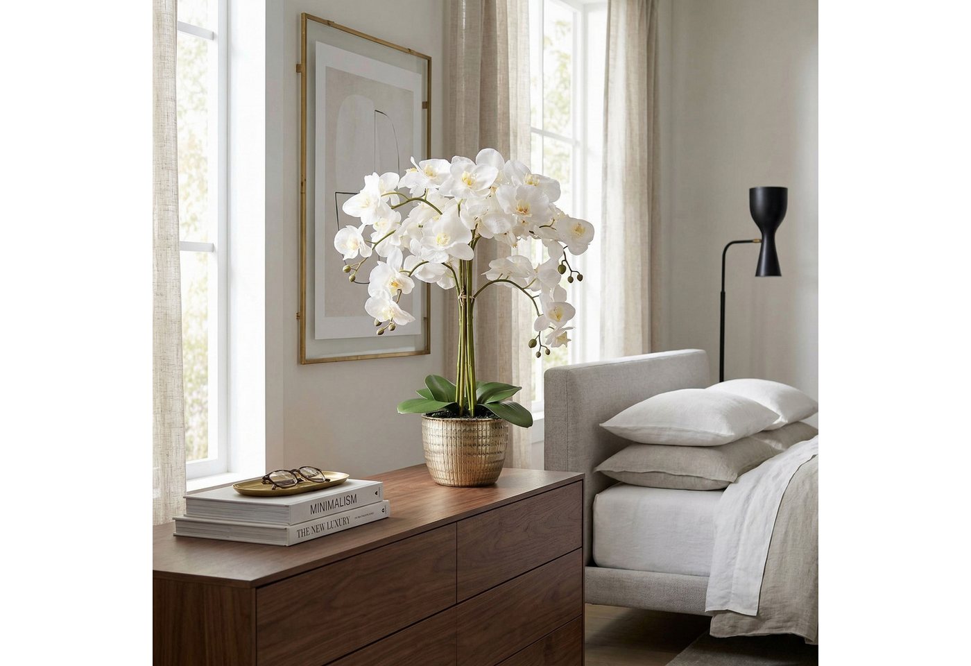 Kunstblume Kunstblume Orchidee, weiße Real Touch Blüten in Keramiktopf, ca. 53cm Orchidee Phalaenopsis, Dahlia Studios – Bild 2 von 5