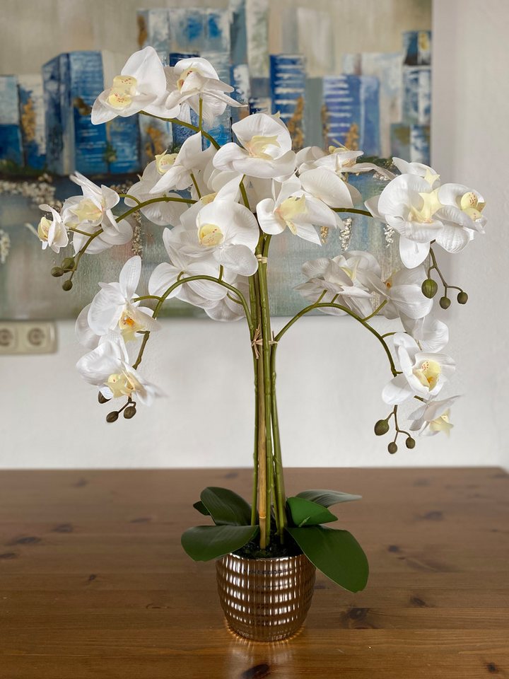 Kunstblume Kunstblume Orchidee, weiße Real Touch Blüten in Keramiktopf, ca. 53cm Orchidee Phalaenopsis, Dahlia Studios – Bild 5 von 5
